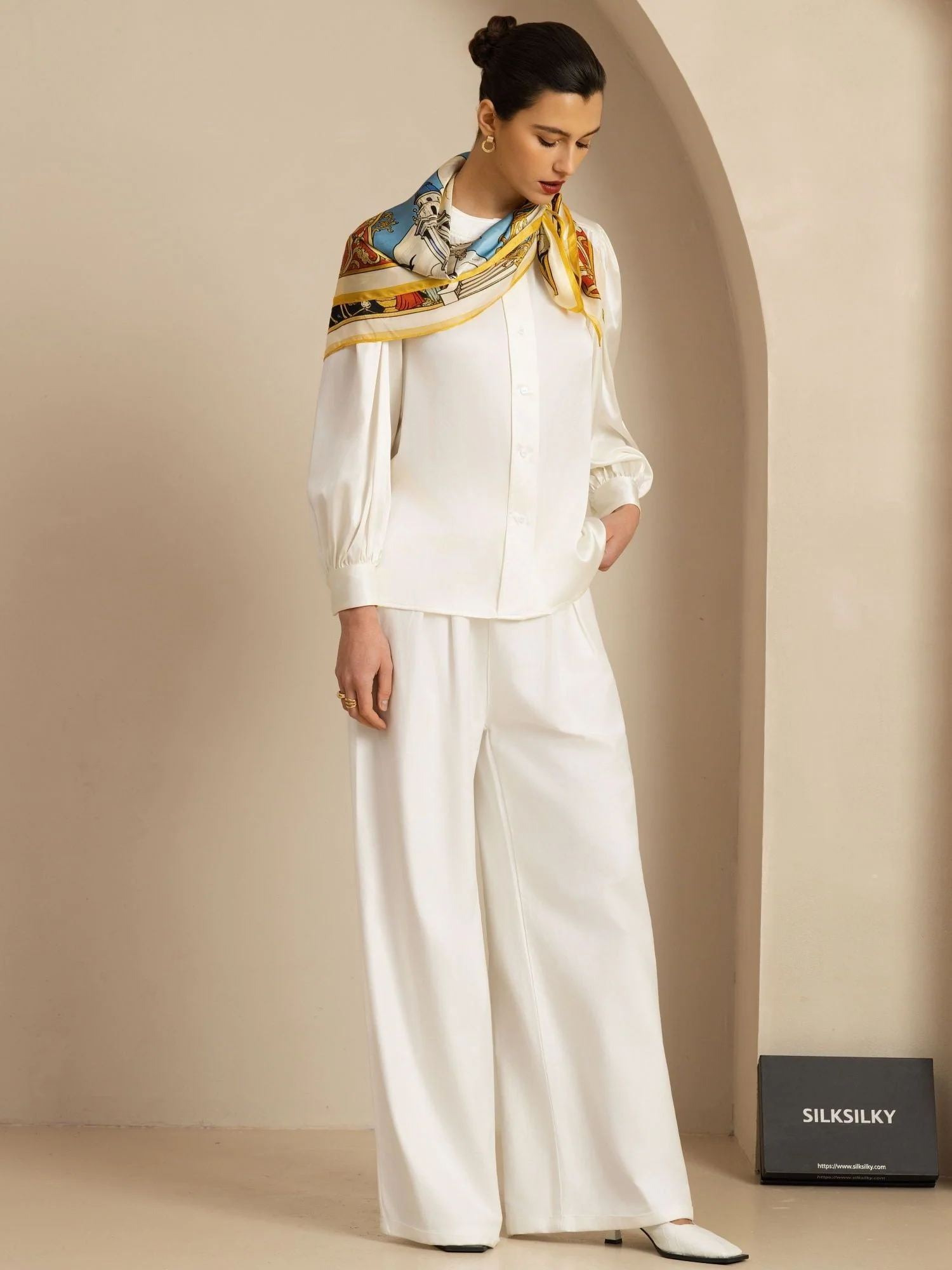 Pure Silk White Cathedrals Print Square Scarf - Size 90x90cm - Image 4