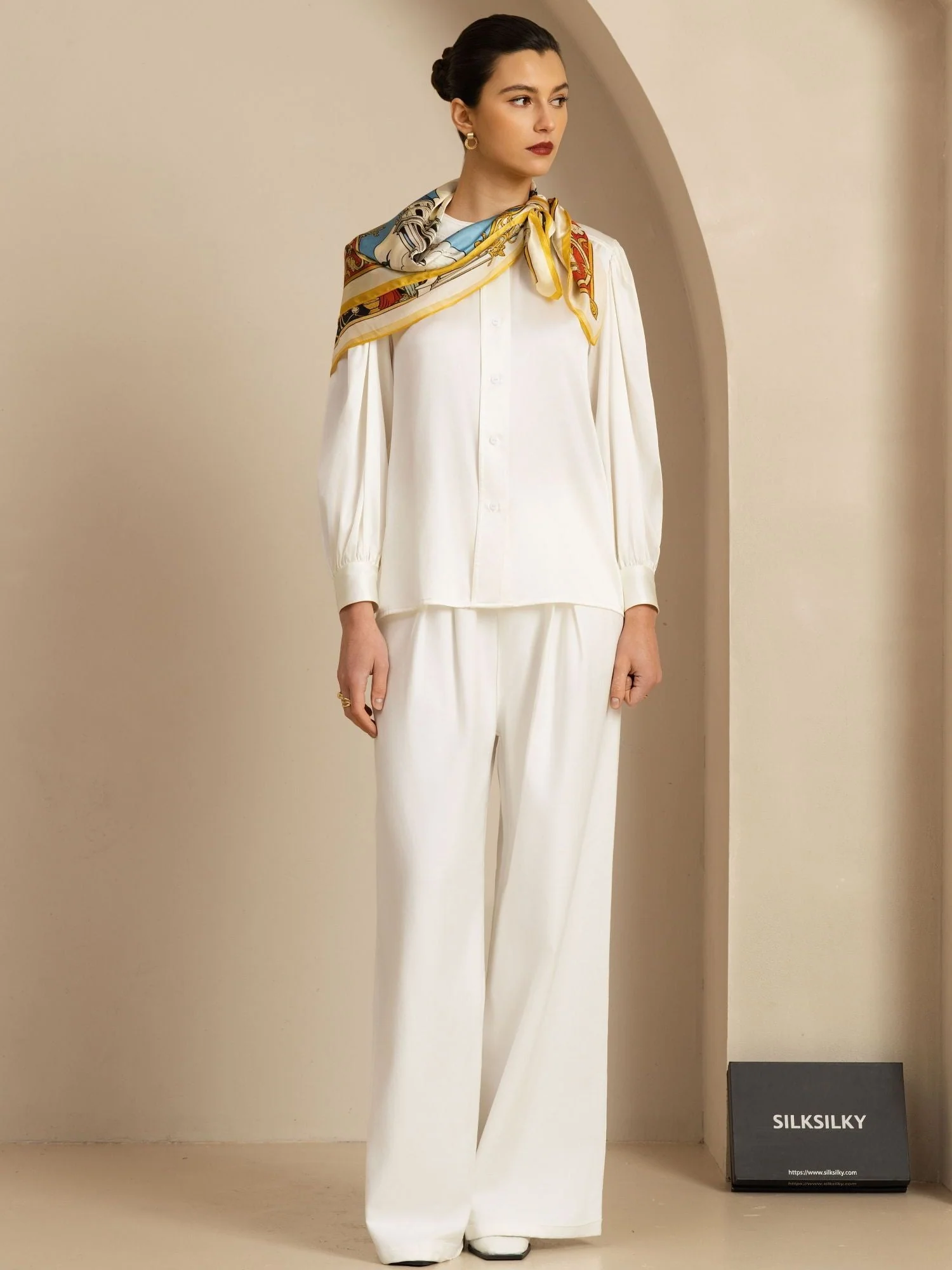 Pure Silk White Cathedrals Print Square Scarf - Size 90x90cm - Image 5