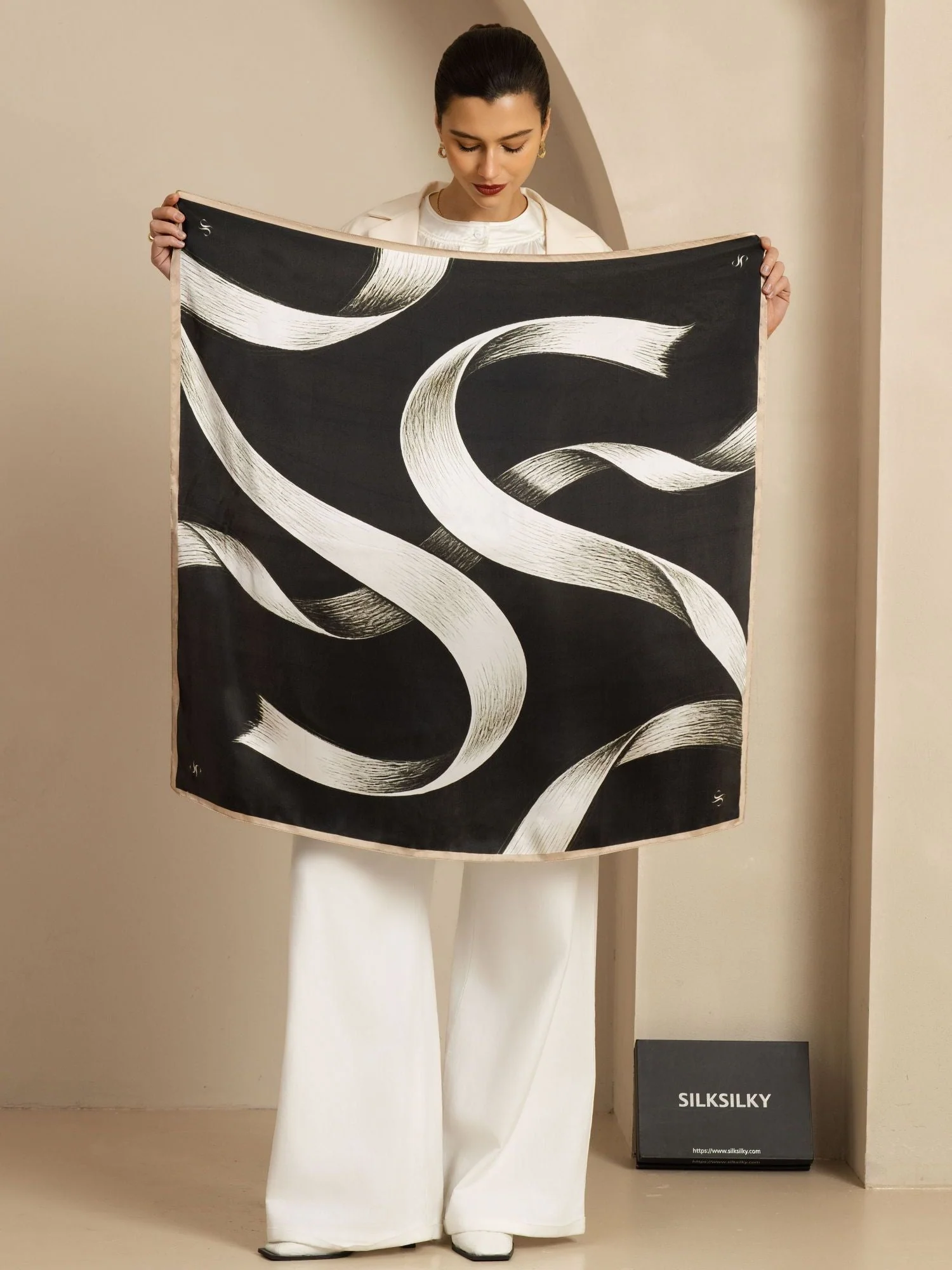 Pure Silk White Ribbon Square Scarf - Size 90x90cm - Image 2
