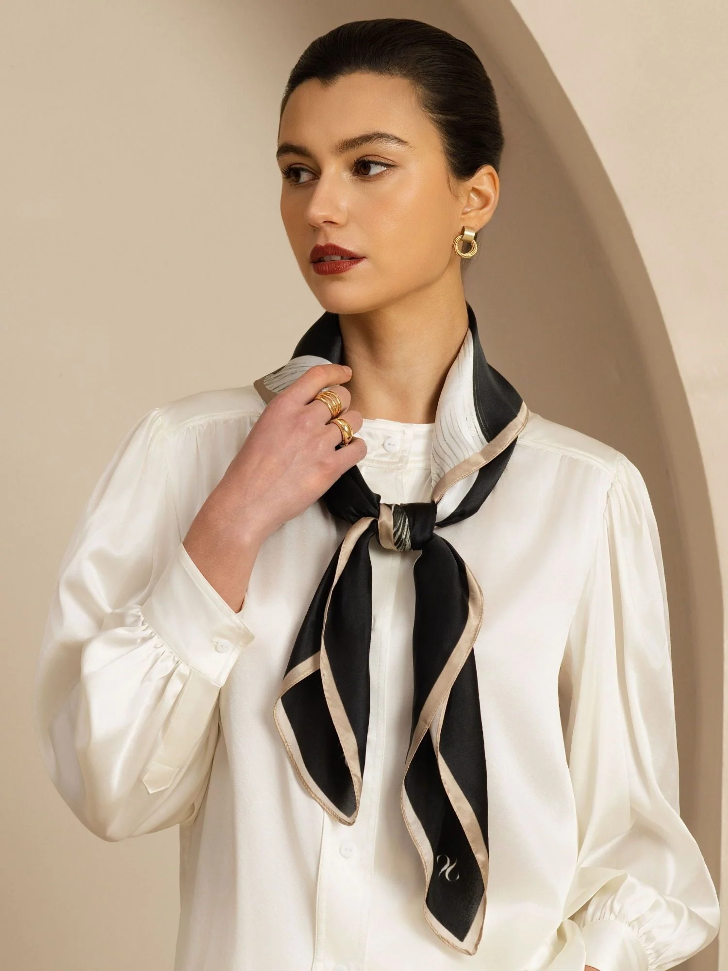 Pure Silk White Ribbon Square Scarf - Size 90x90cm - Image 3