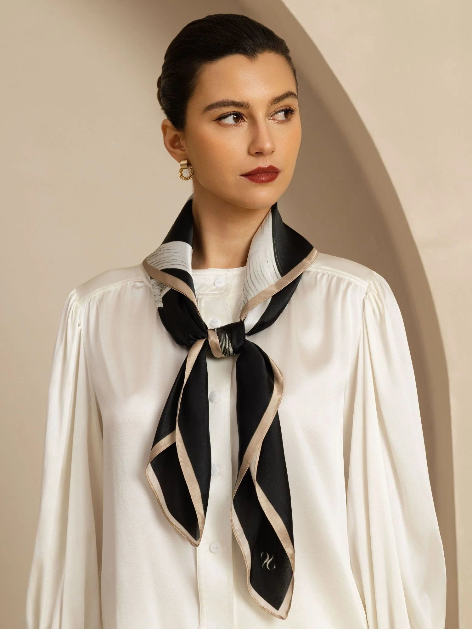 Pure Silk White Ribbon Square Scarf - Size 90x90cm - Image 4