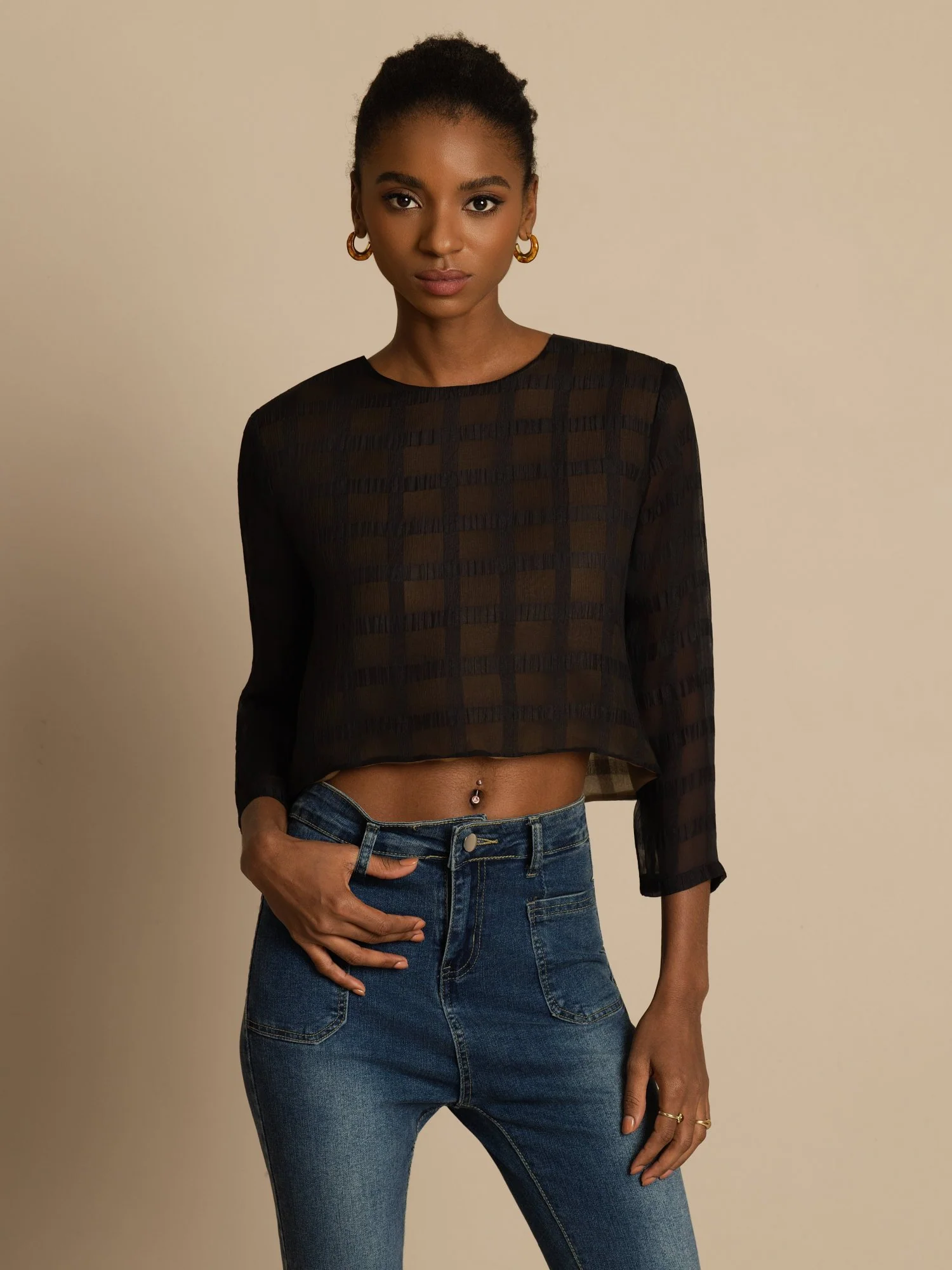 Pure Silk Women's Long Sleeve Textured Grid Crop Blouse with Back Ties - Image 3