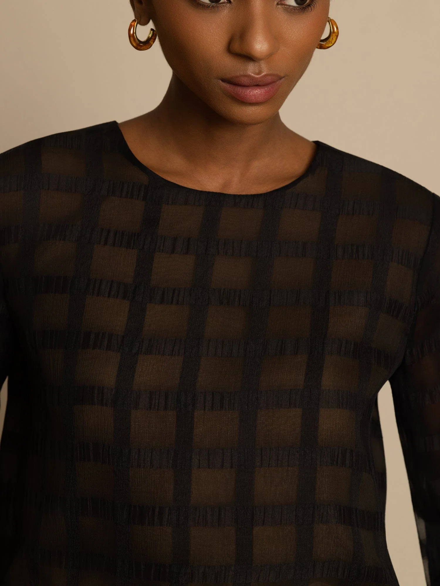 Pure Silk Women's Long Sleeve Textured Grid Crop Blouse with Back Ties - Image 4