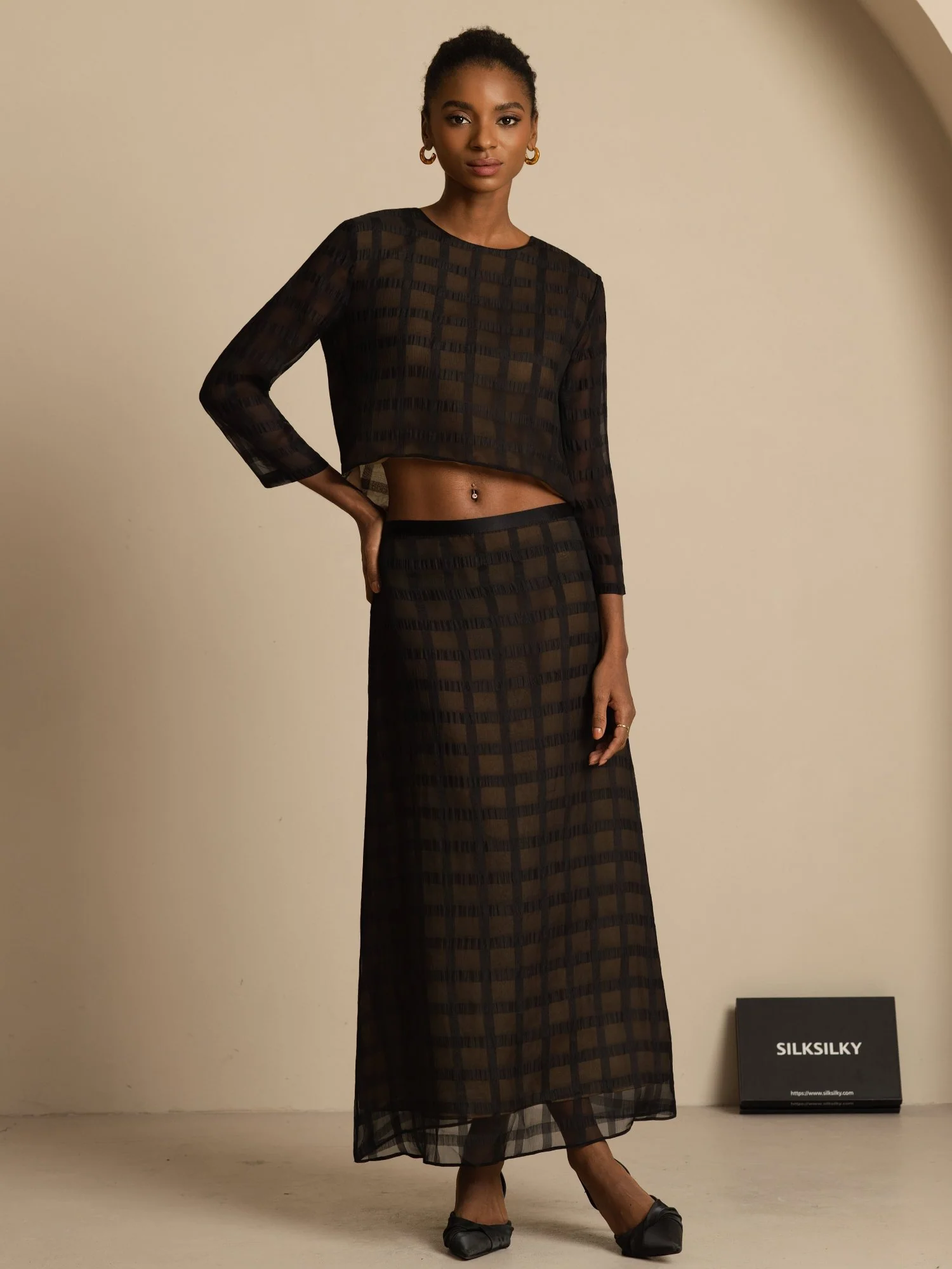 Pure Silk Women's Long Sleeve Textured Grid Crop Blouse with Back Ties - Image 8