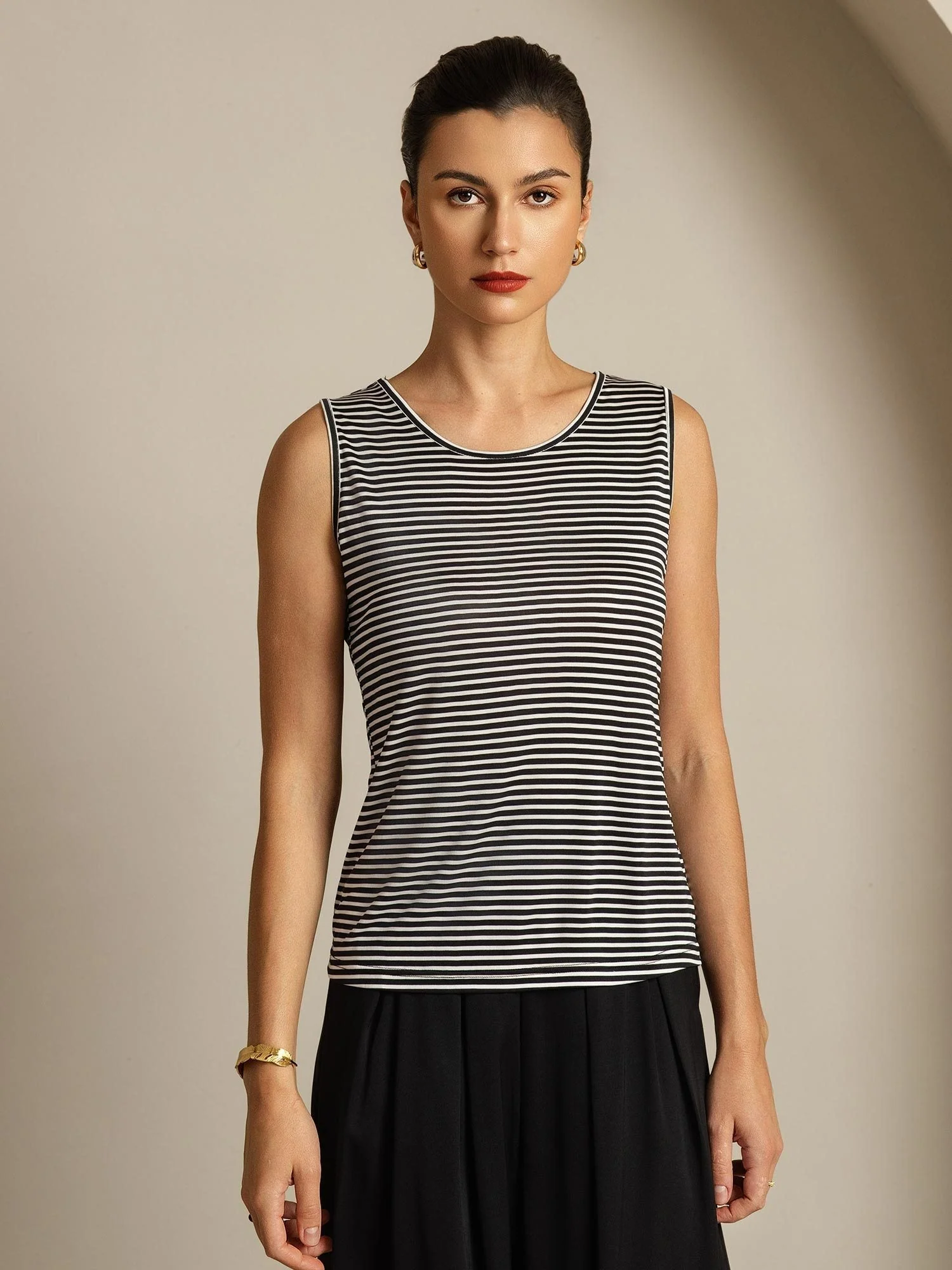Pure Silk Women's Round Neck Sport Stripe Print Tank Top