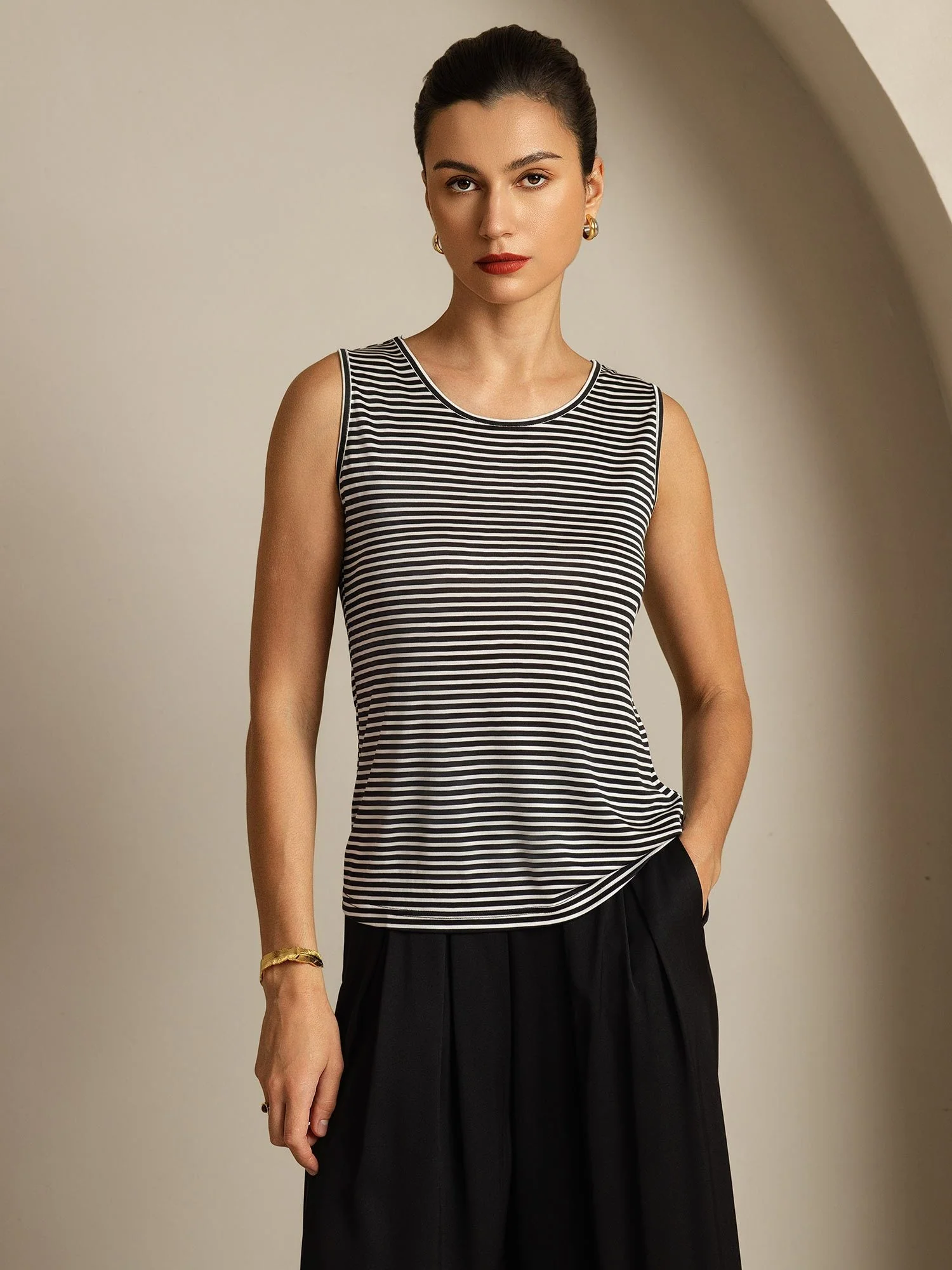 Pure Silk Women's Round Neck Sport Stripe Print Tank Top - Image 3