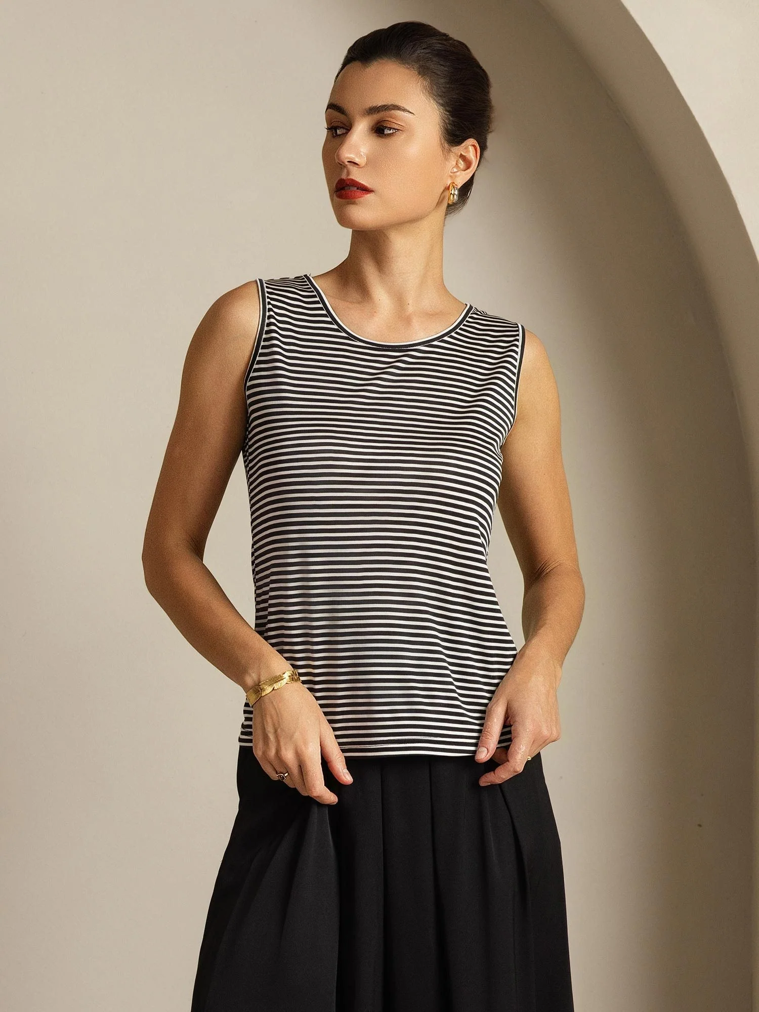 Pure Silk Women's Round Neck Sport Stripe Print Tank Top - Image 5