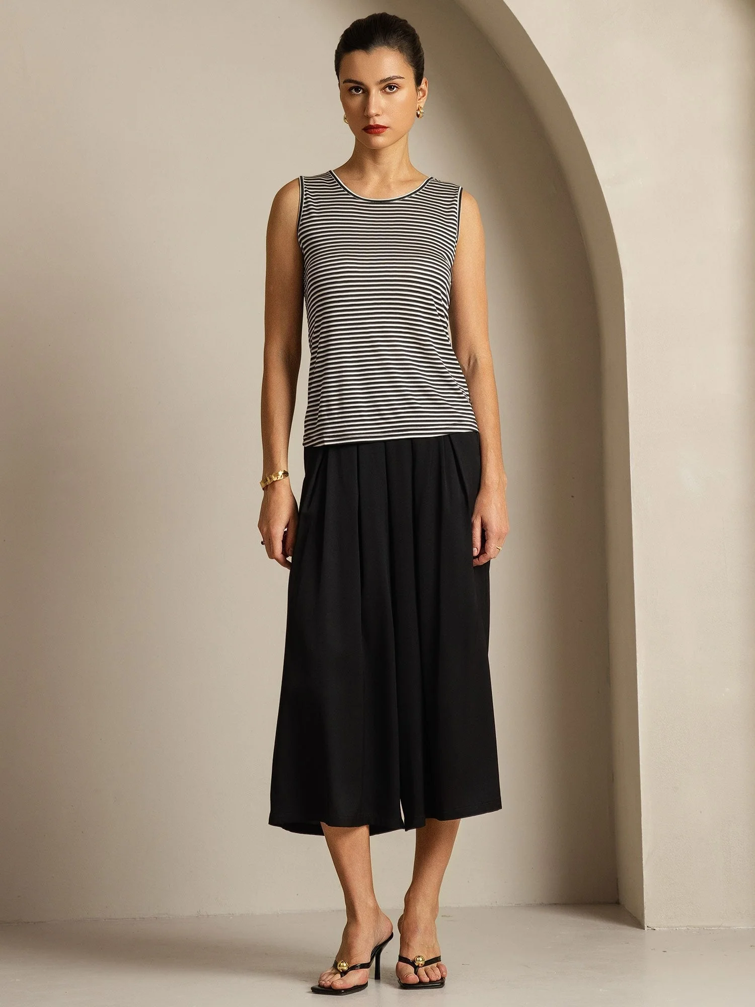 Pure Silk Women's Round Neck Sport Stripe Print Tank Top - Image 6