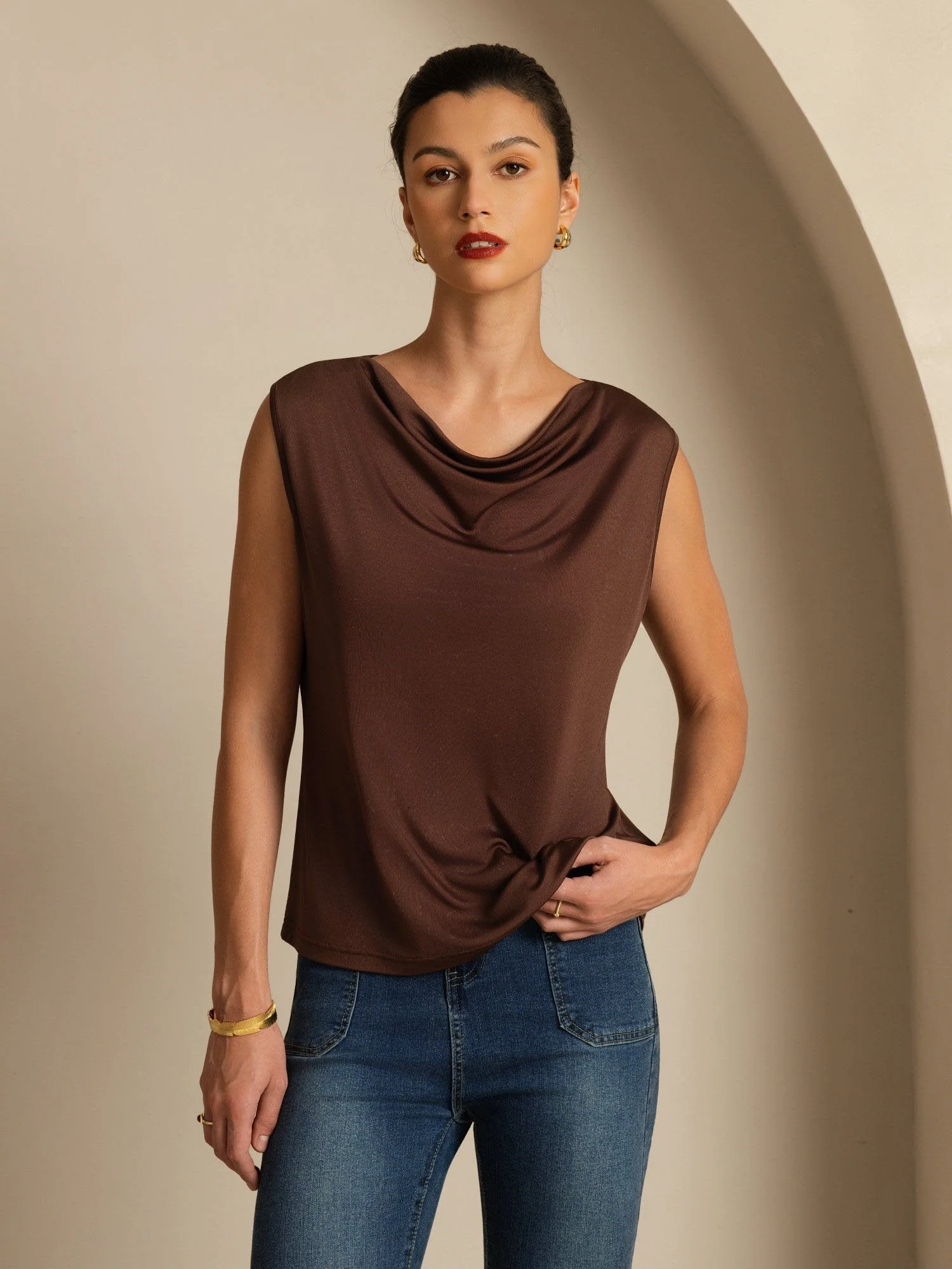 Pure Silk Women's Sleeveless Cowl Neck Basic Casual Top