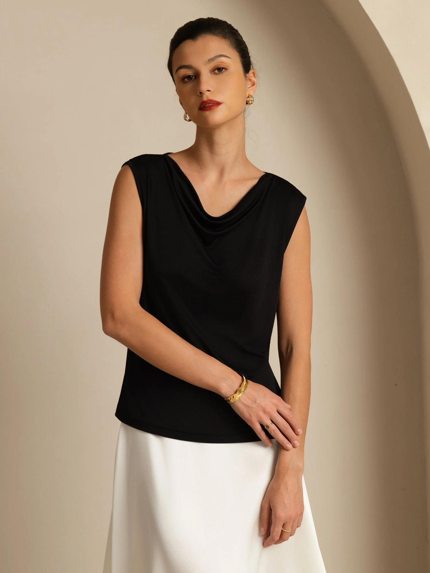 Pure Silk Women's Sleeveless Cowl Neck Basic Casual Top - Image 10