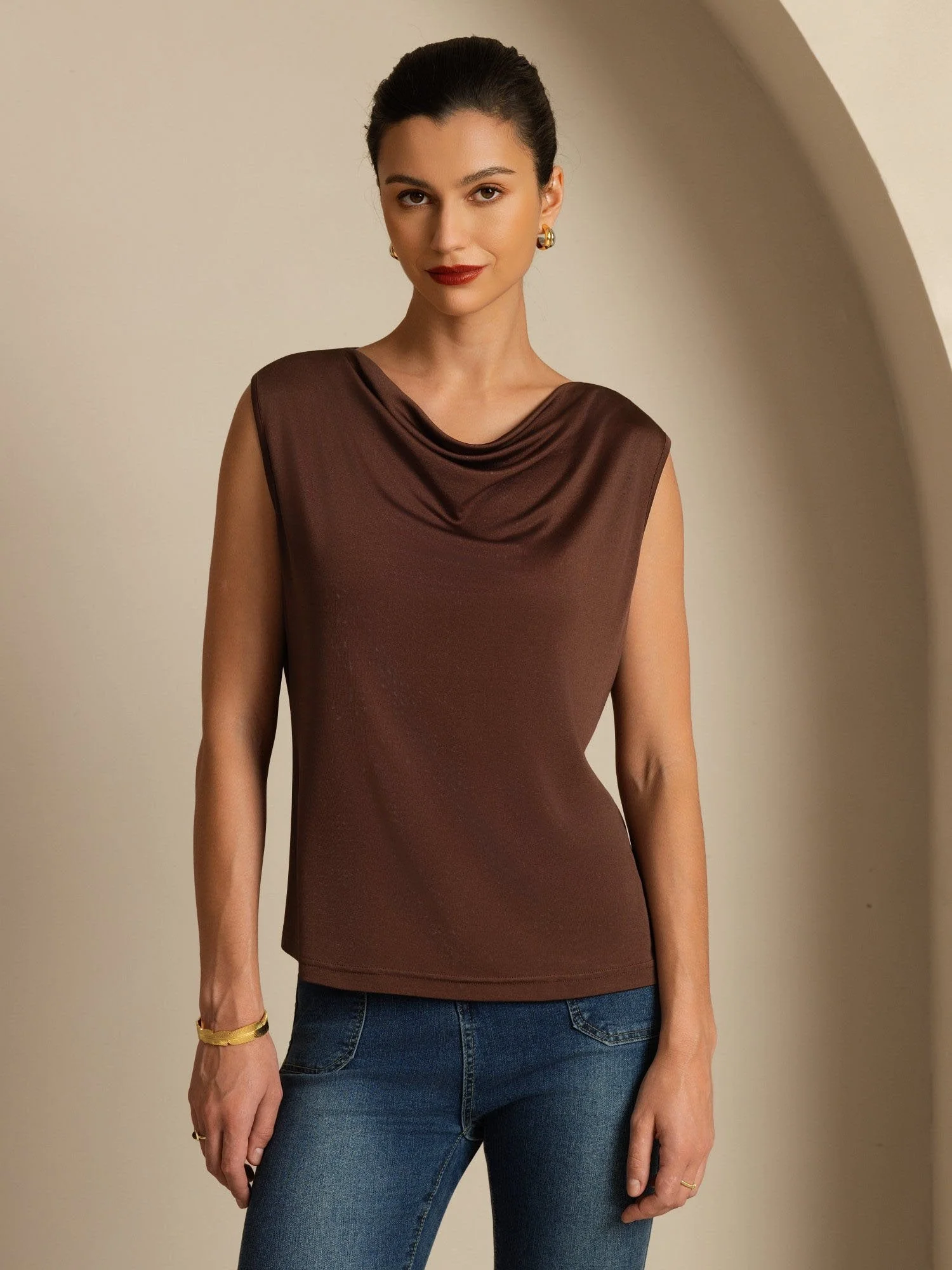 Pure Silk Women's Sleeveless Cowl Neck Basic Casual Top - Image 3