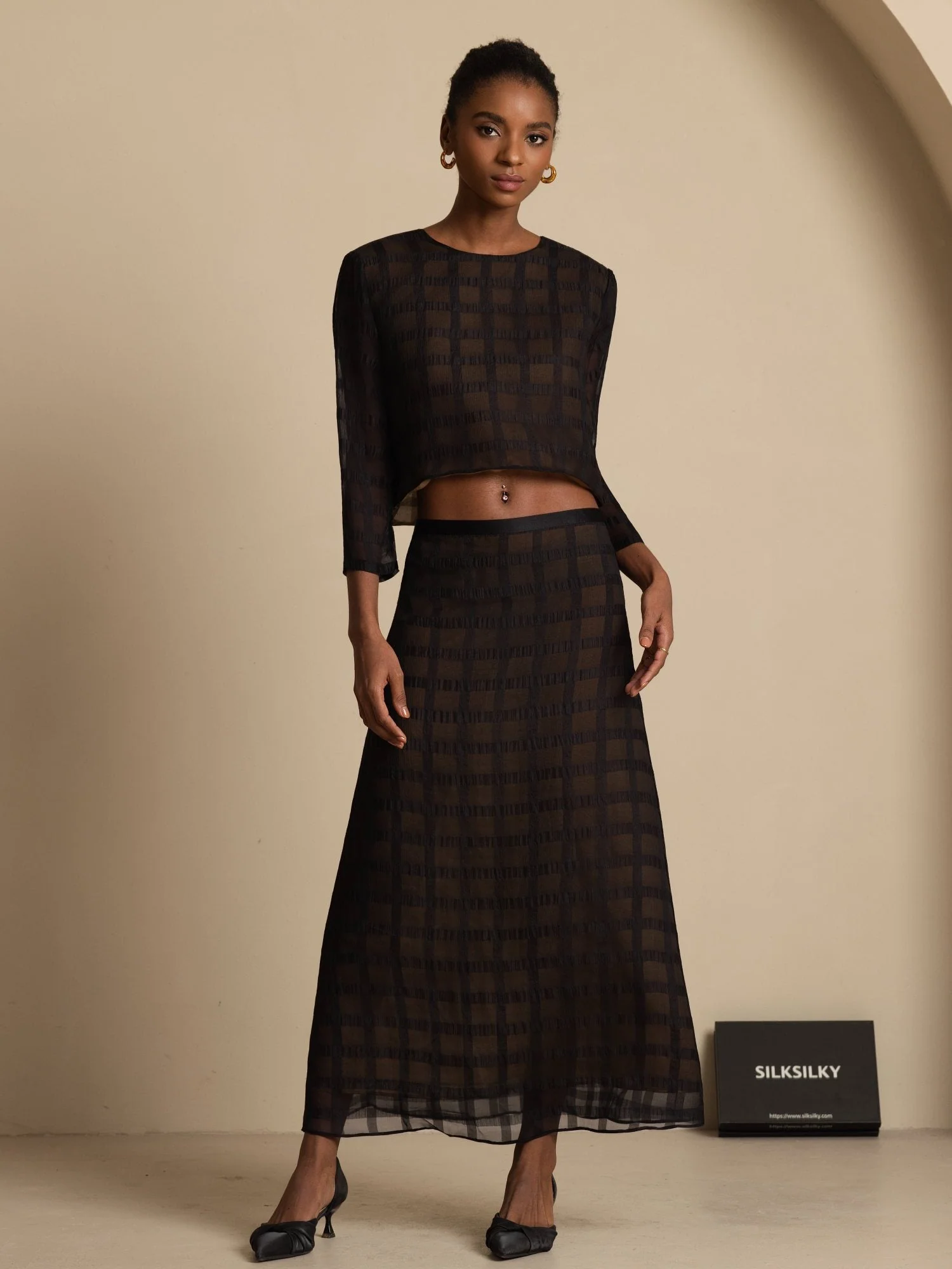 Pure Silk Women's Textured Grid Crop Blouse & A-Line Long Skirt Set - Image 3