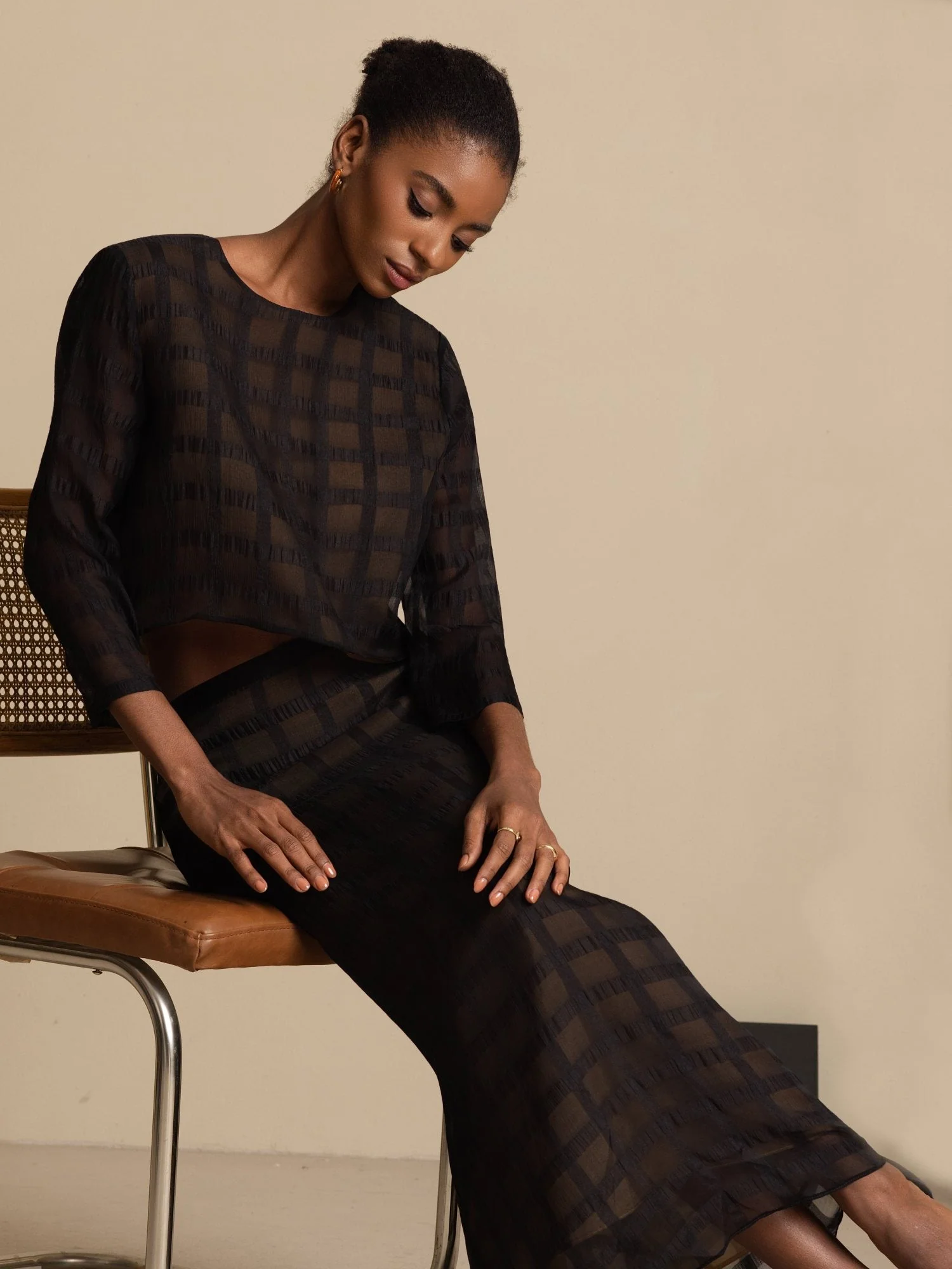 Pure Silk Women's Textured Grid Crop Blouse & A-Line Long Skirt Set - Image 8