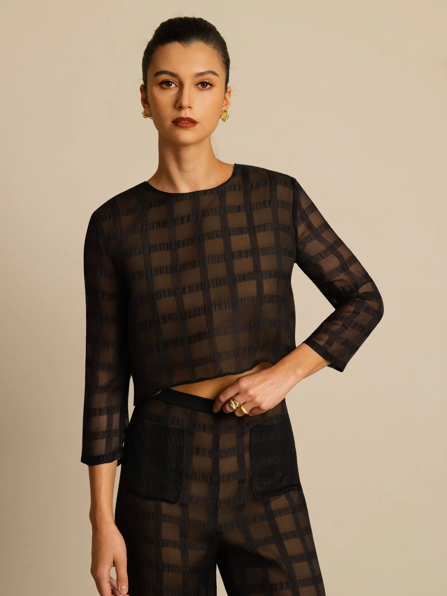 Pure Silk Women's Textured Grid Crop Blouse & Wide-Leg Pants Set - Image 6
