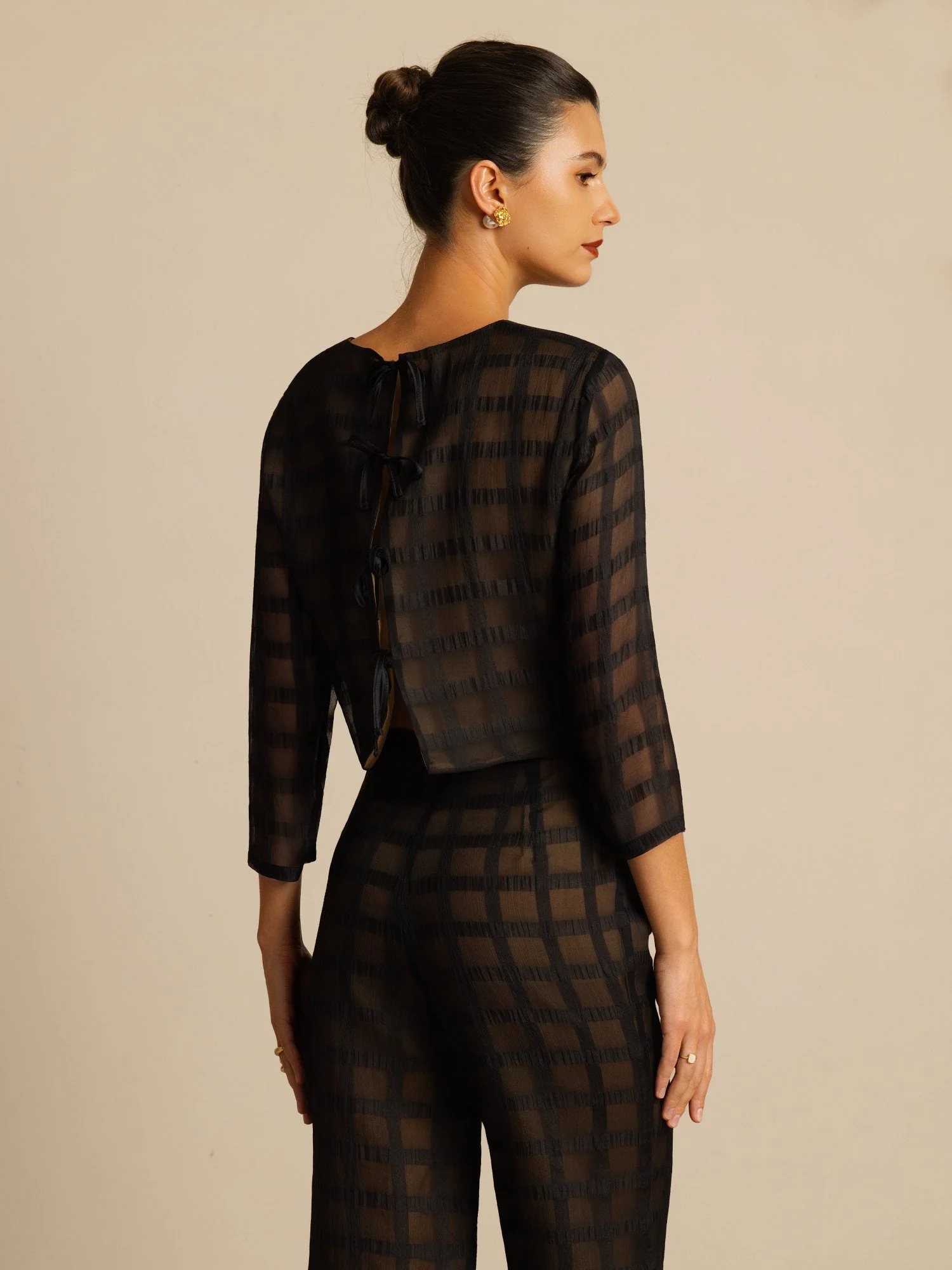 Pure Silk Women's Textured Grid Crop Blouse & Wide-Leg Pants Set - Image 7
