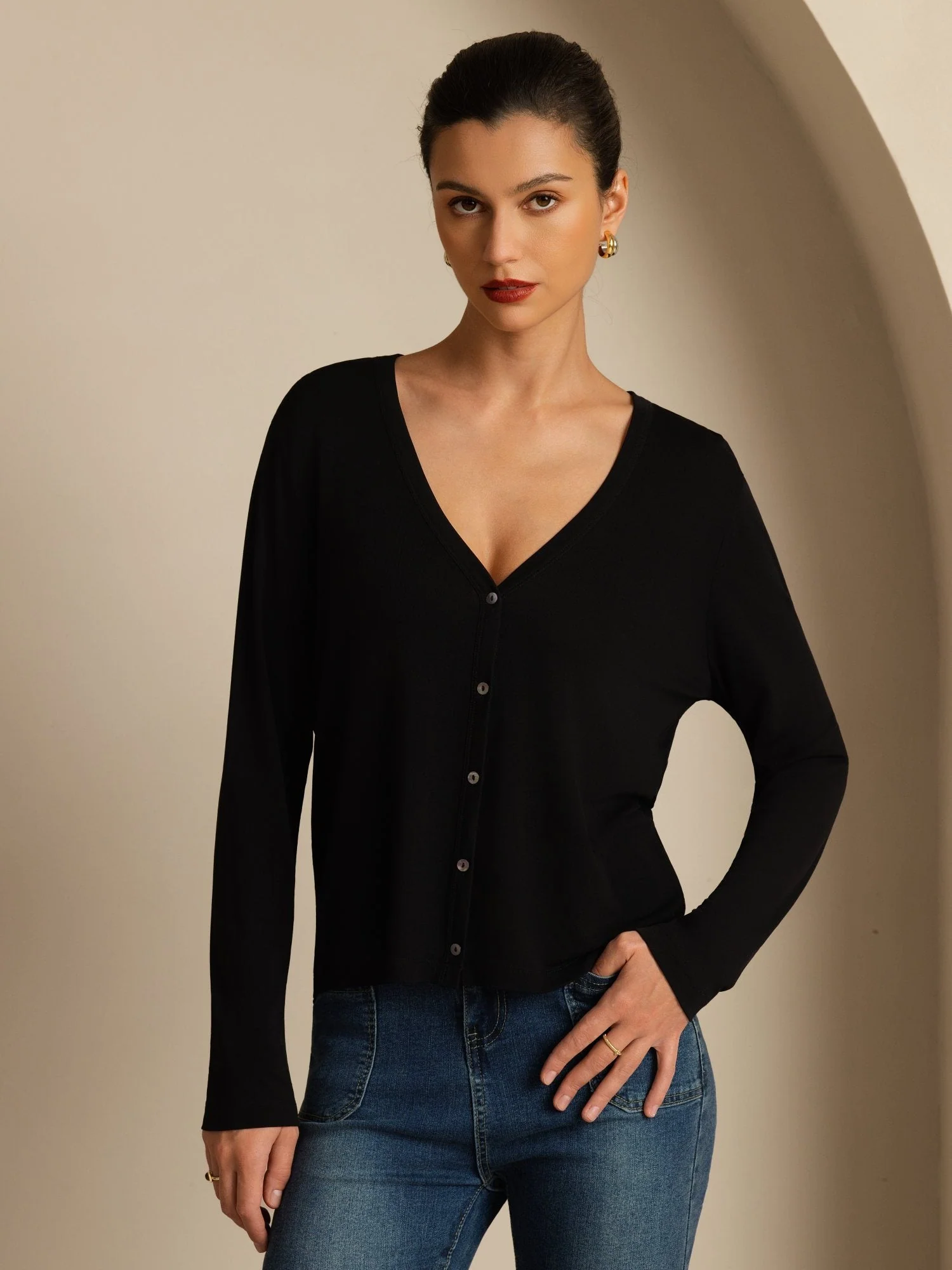 Pure Silk Women's V-Neck Long Sleeve Basic Cardigan - Image 11