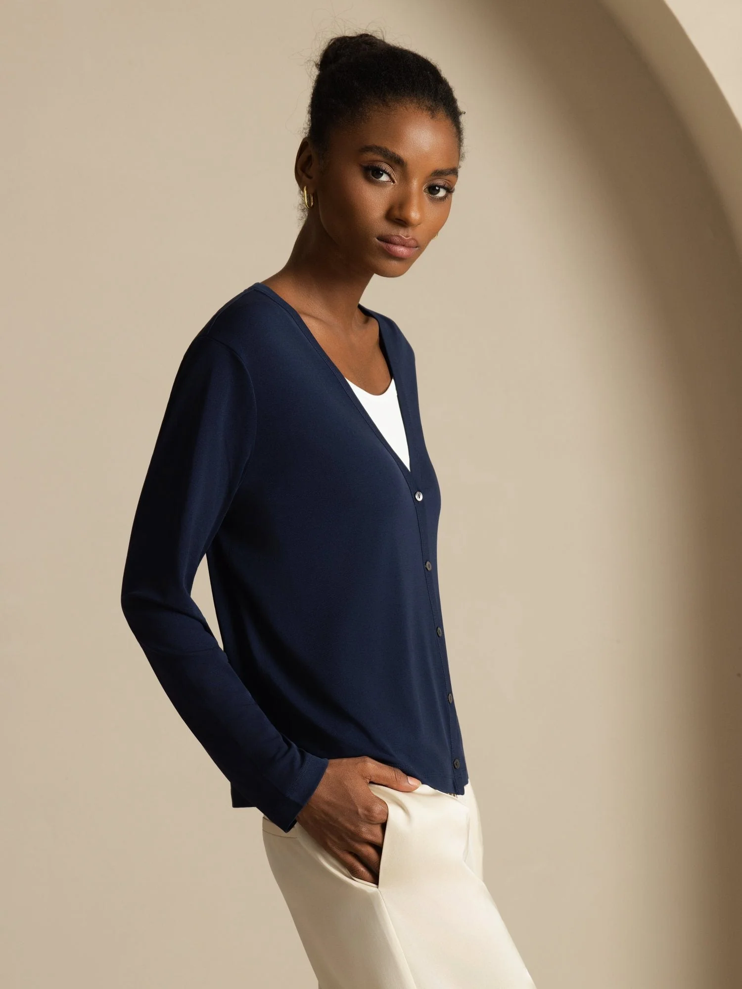 Pure Silk Women's V-Neck Long Sleeve Basic Cardigan - Image 21