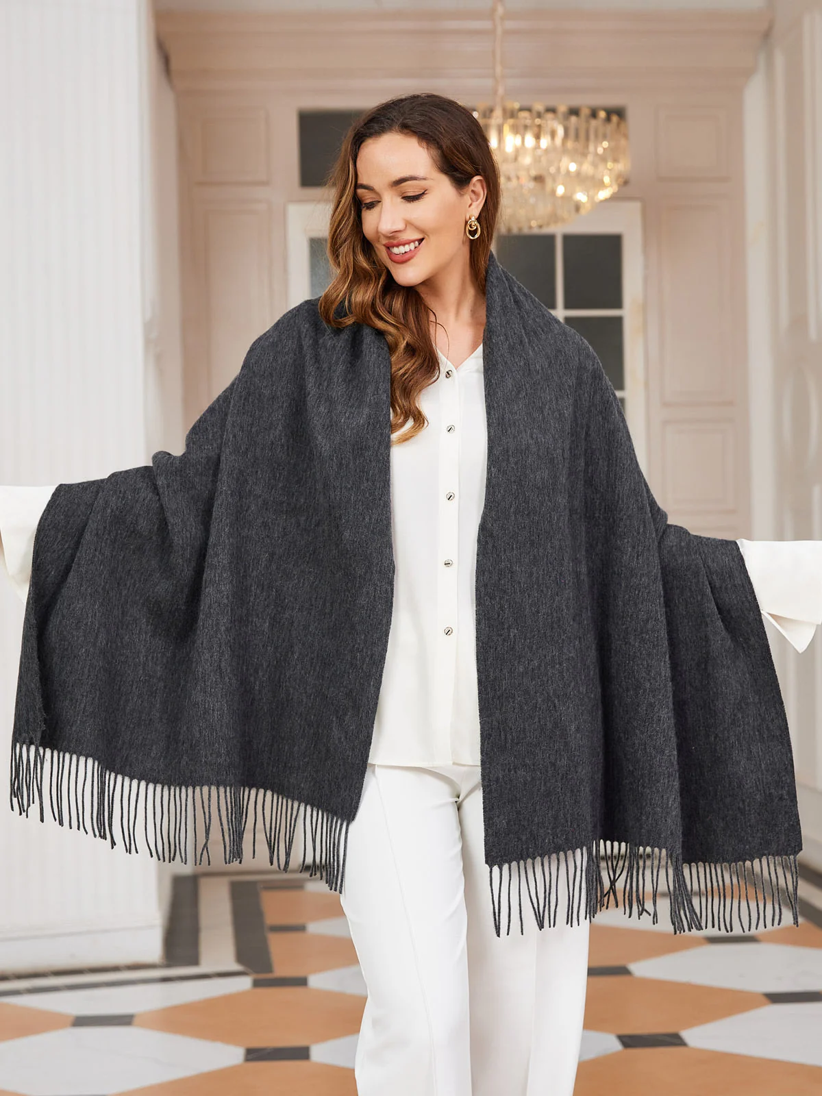 Pure Wool Scarf Shawl w/ Fringed Decoration 200x70cm/79 - Image 52