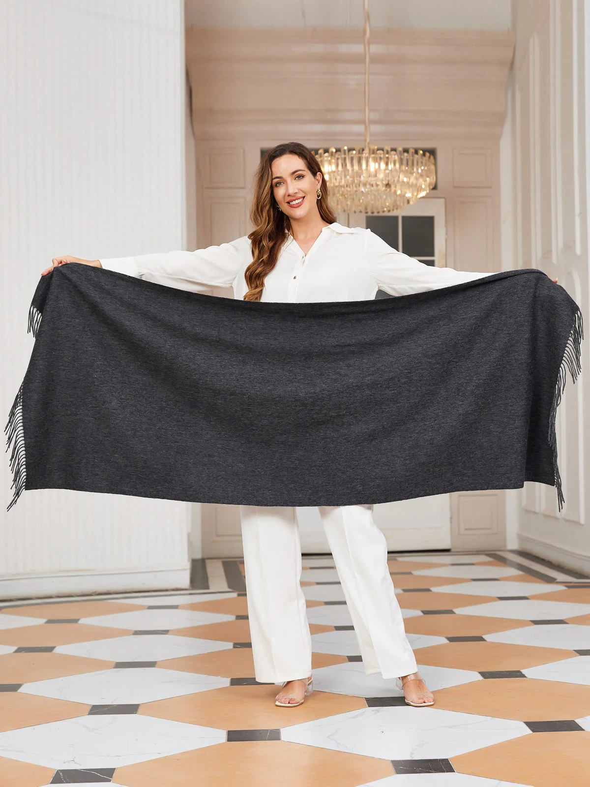 Pure Wool Scarf Shawl w/ Fringed Decoration 200x70cm/79 - Image 53