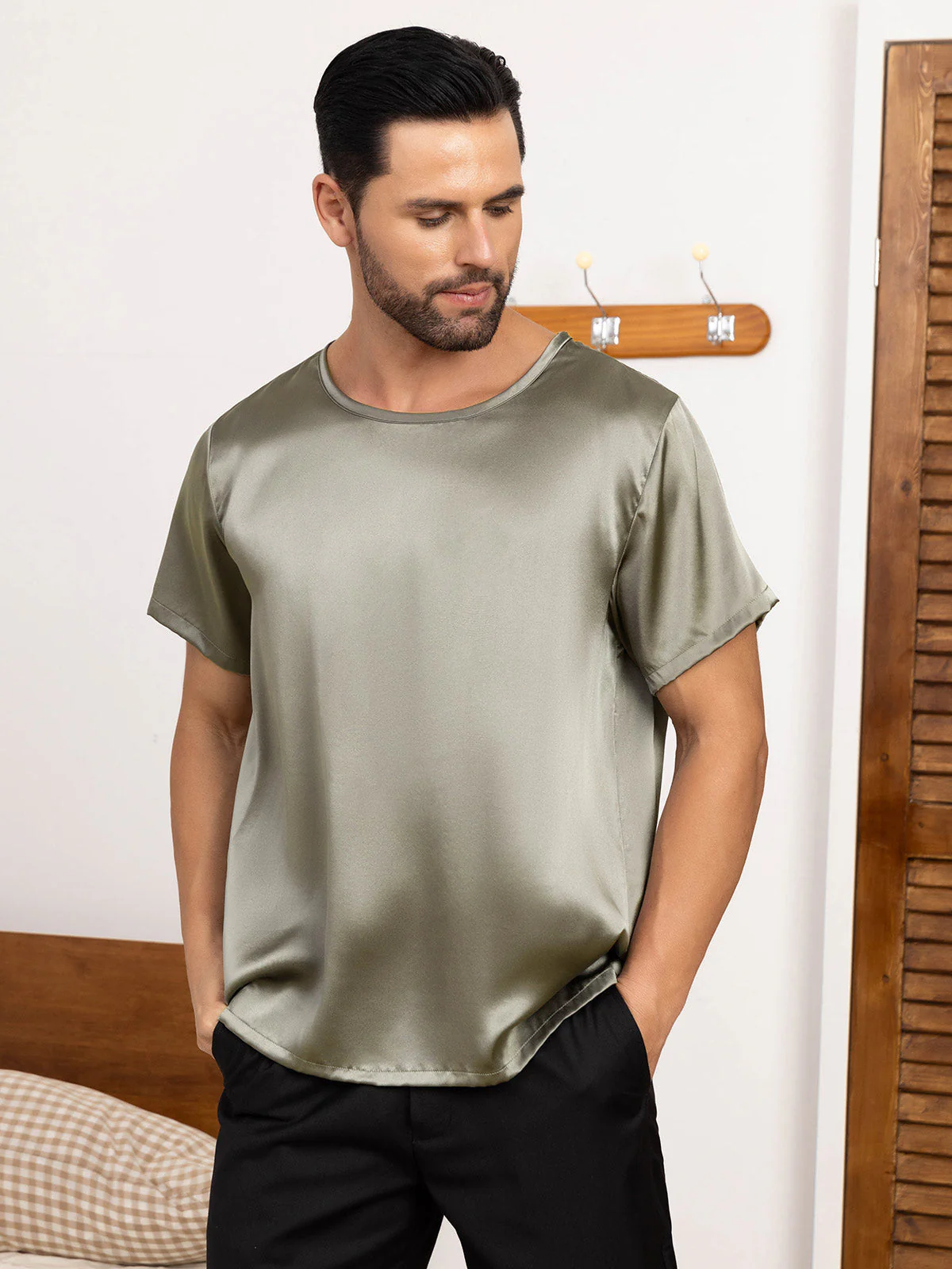 Clearance(Ships to UK Only) - Pure Silk Short-Sleeved Round Neck Mens Tee - Image 11