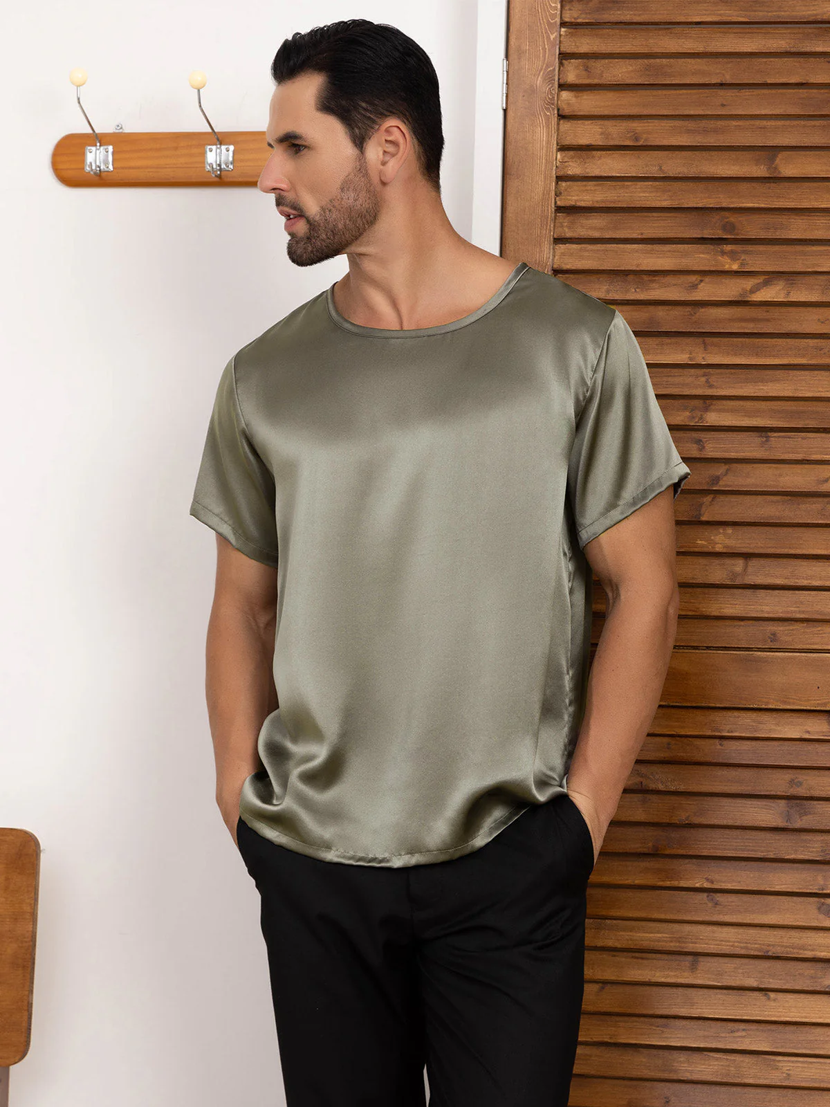 Clearance(Ships to UK Only) - Pure Silk Short-Sleeved Round Neck Mens Tee - Image 12