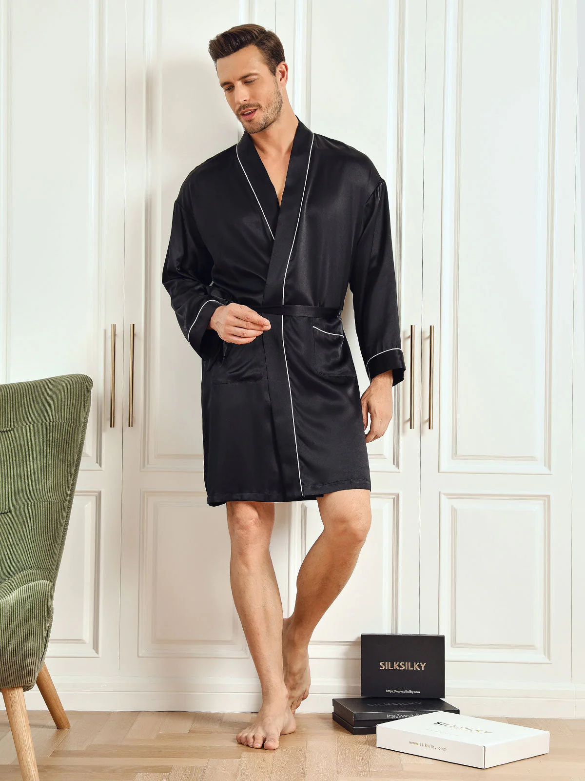 Silk 3/4 Sleeve Belted Robe - Image 3
