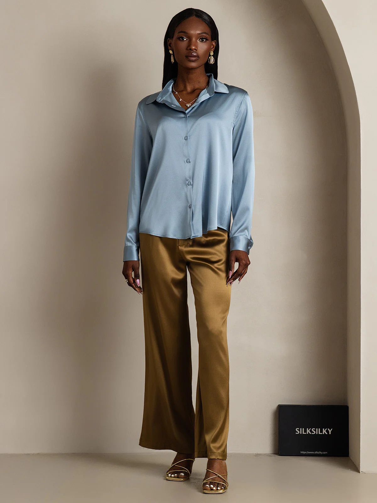 19Momme Silk Long Sleeve Lapel Collar Women's Shirt - Image 30