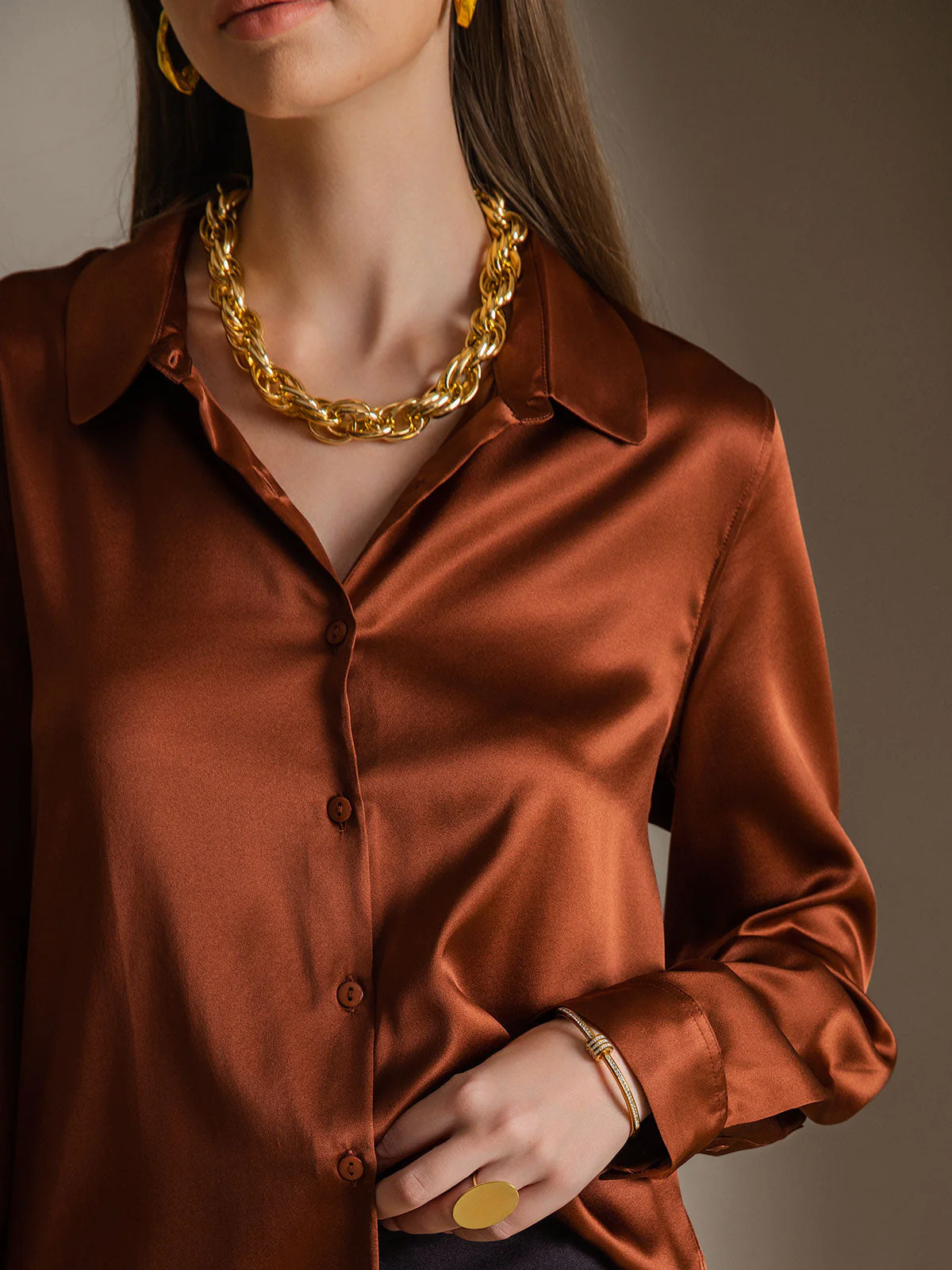 19Momme Silk Long Sleeve Lapel Collar Women's Shirt - Image 38
