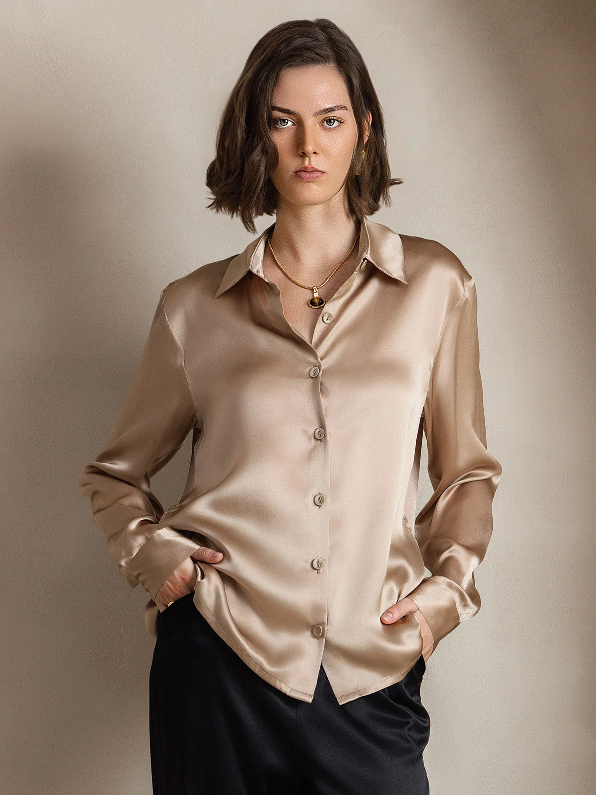 19Momme Silk Long Sleeve Lapel Collar Women's Shirt - Image 39