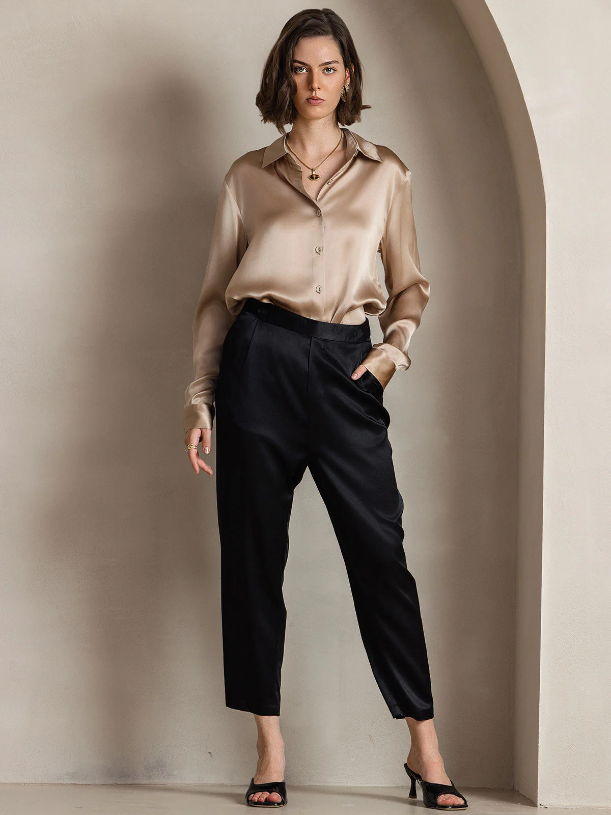 19Momme Silk Long Sleeve Lapel Collar Women's Shirt - Image 41