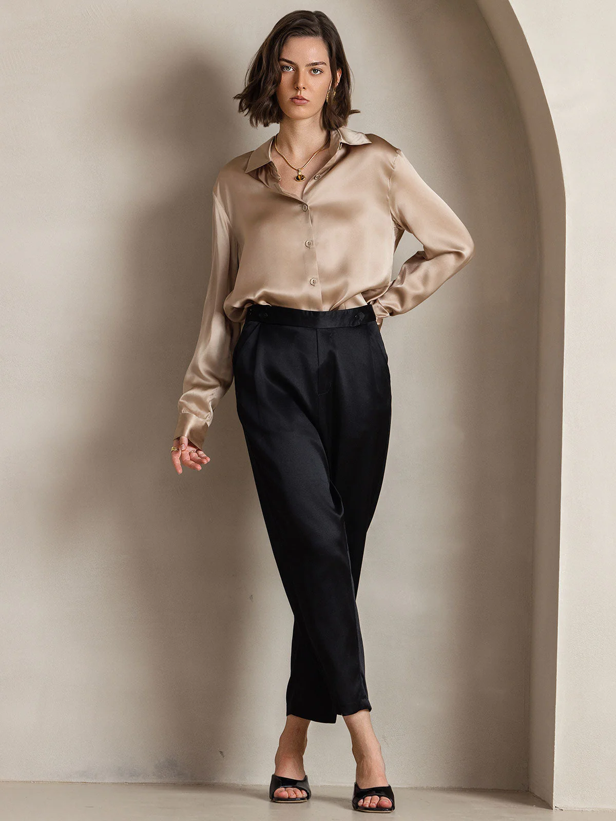19Momme Silk Long Sleeve Lapel Collar Women's Shirt - Image 44
