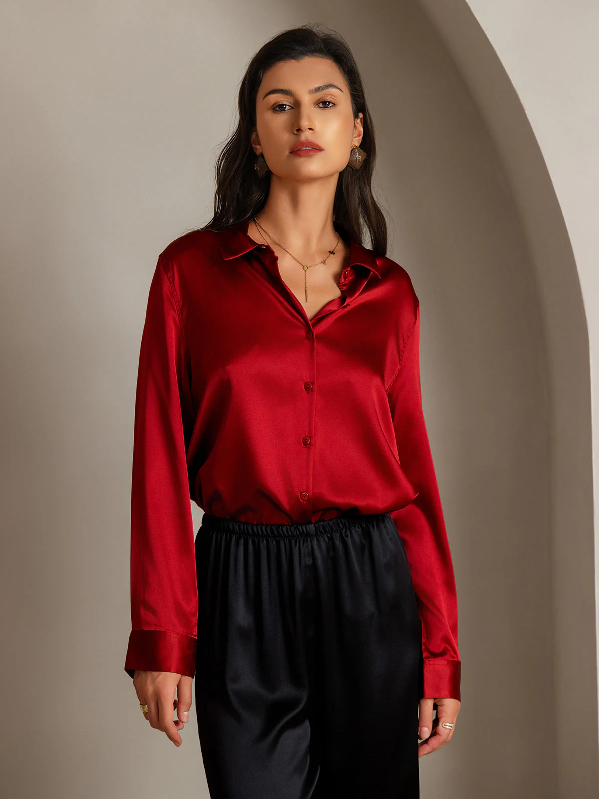 19Momme Silk Long Sleeve Lapel Collar Women's Shirt - Image 54