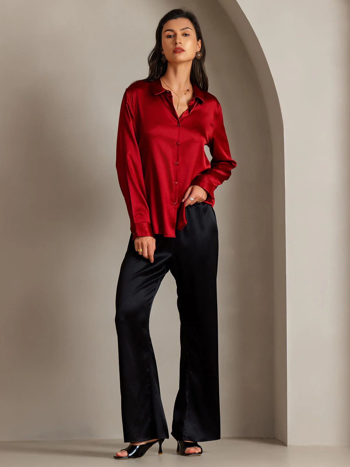 19Momme Silk Long Sleeve Lapel Collar Women's Shirt - Image 57