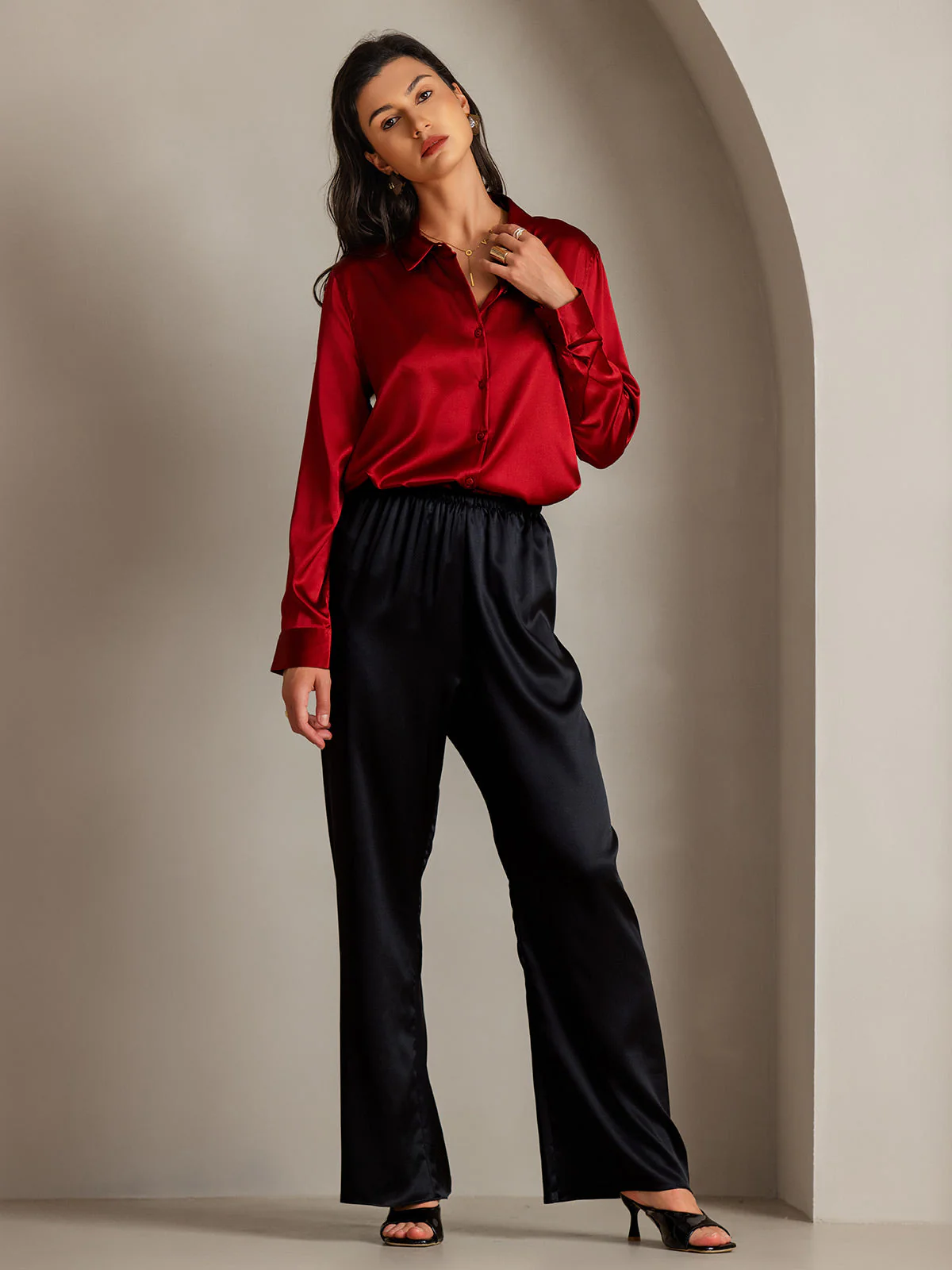 19Momme Silk Long Sleeve Lapel Collar Women's Shirt - Image 58