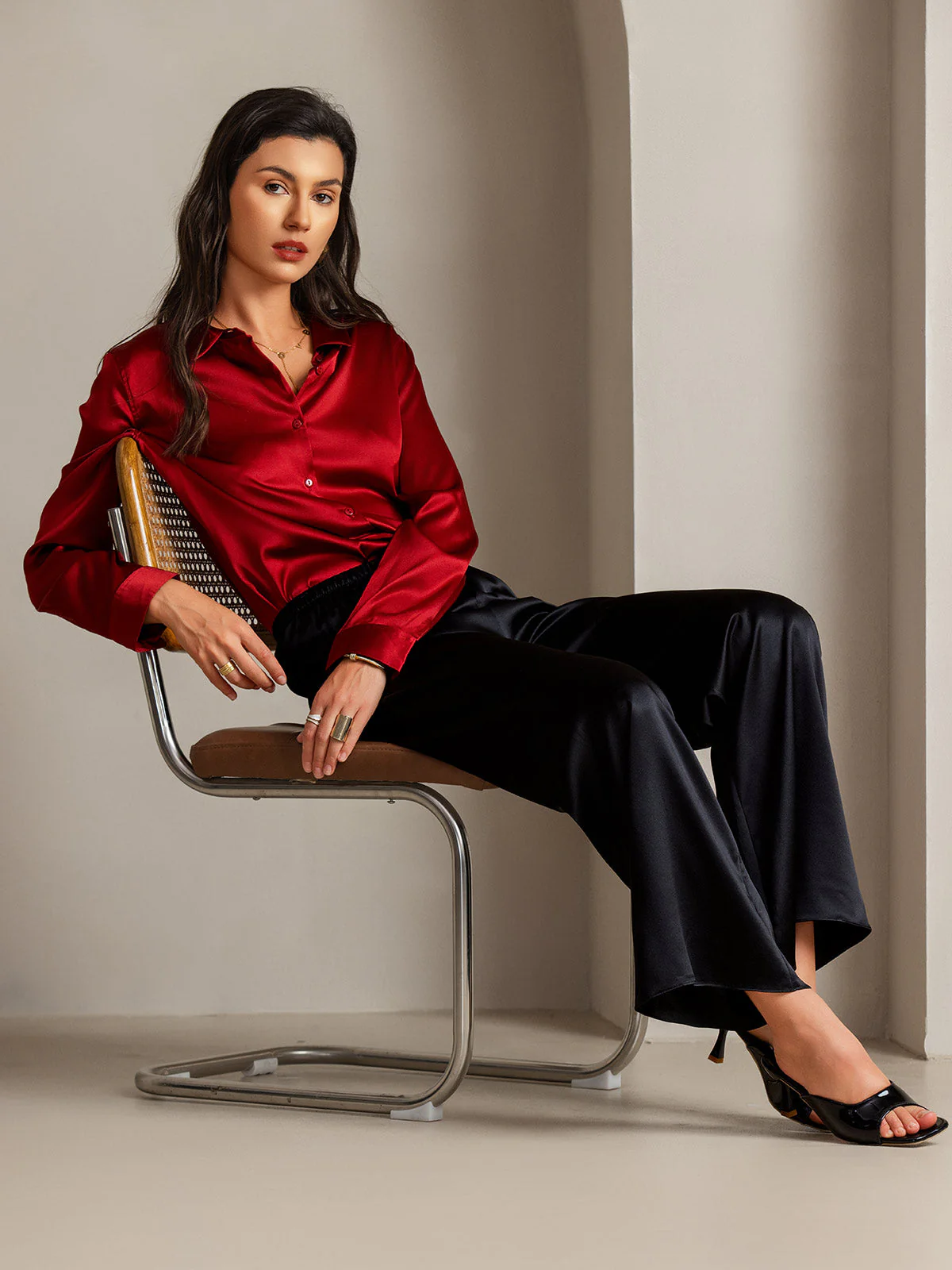 19Momme Silk Long Sleeve Lapel Collar Women's Shirt - Image 59