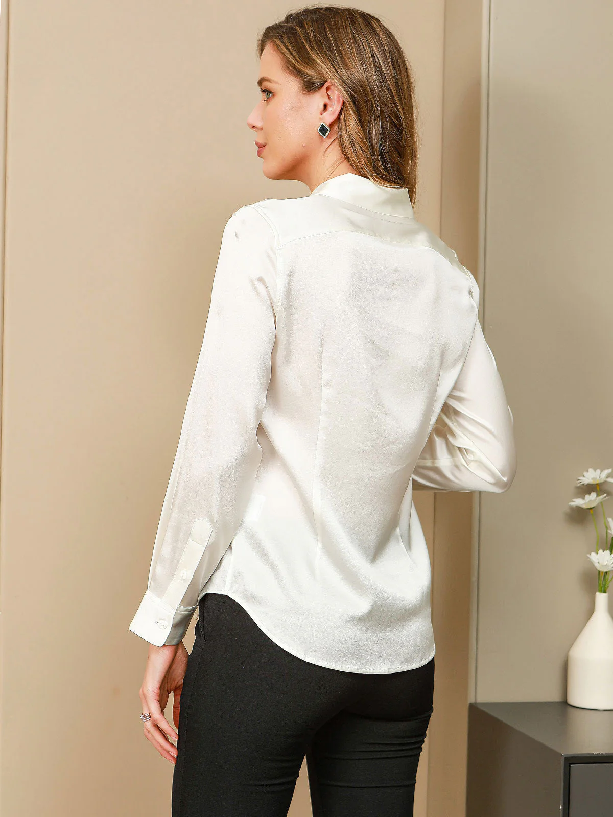19Momme Silk Long Sleeve Lapel Collar Women's Shirt - Image 73