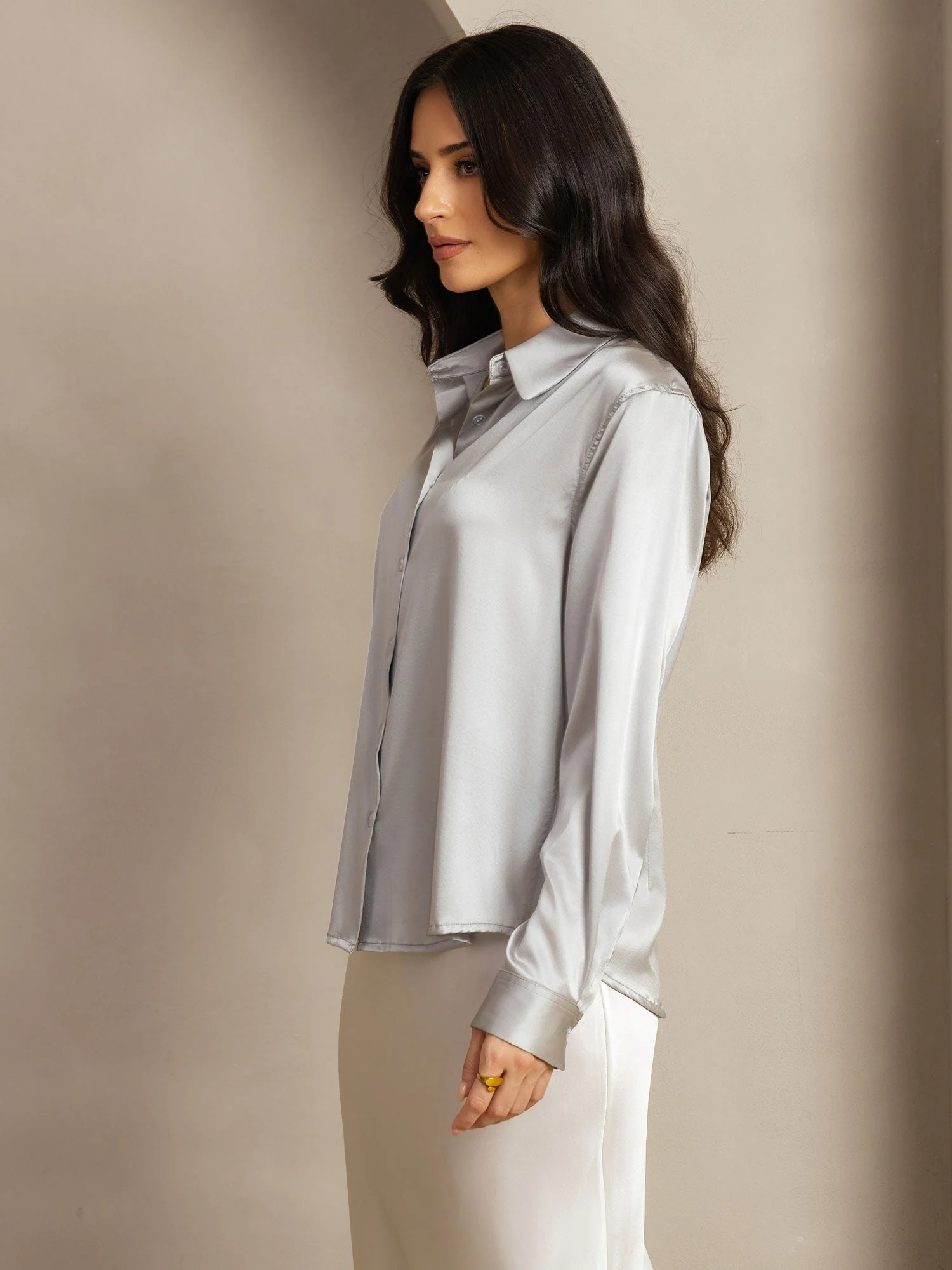 19Momme Silk Long Sleeve Lapel Collar Women's Shirt - Image 87