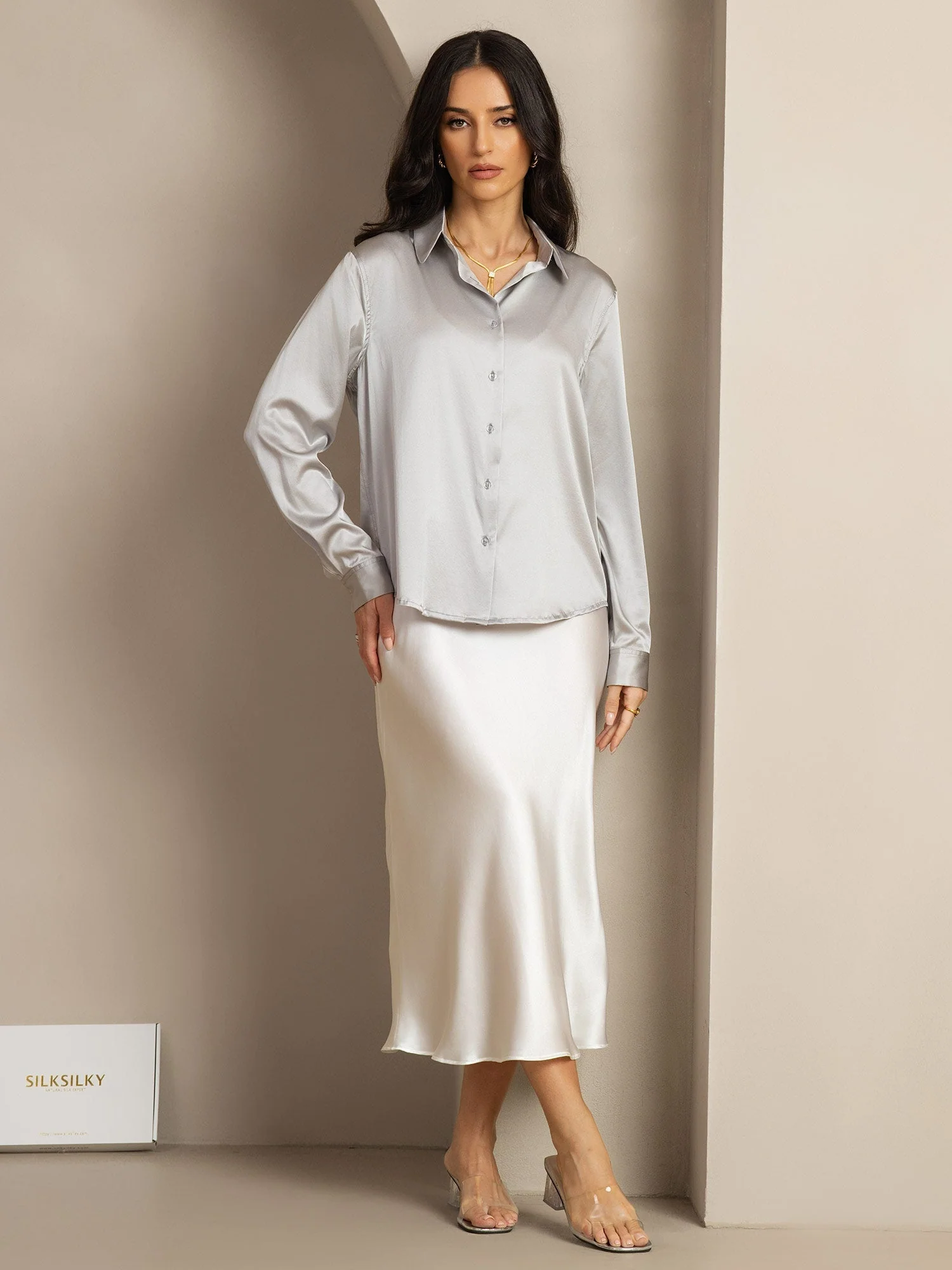 19Momme Silk Long Sleeve Lapel Collar Women's Shirt - Image 88