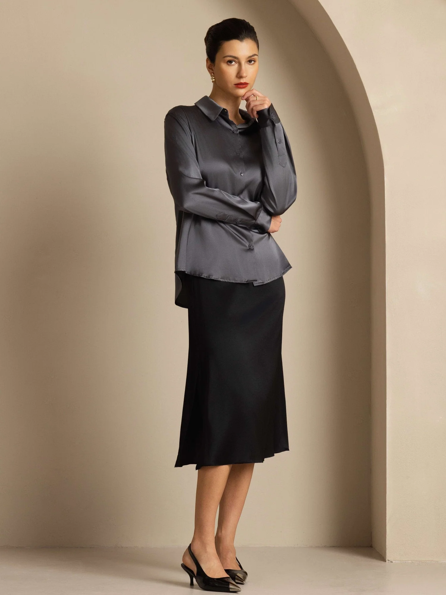 19Momme Silk Long Sleeve Lapel Collar Women's Shirt - Image 93