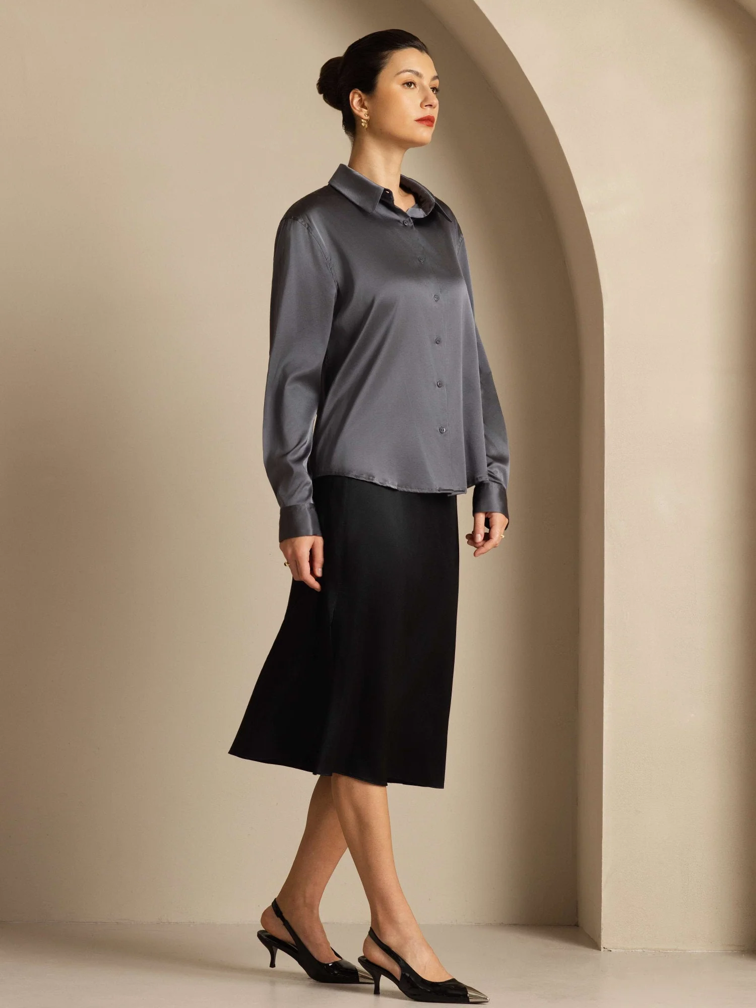 19Momme Silk Long Sleeve Lapel Collar Women's Shirt - Image 96