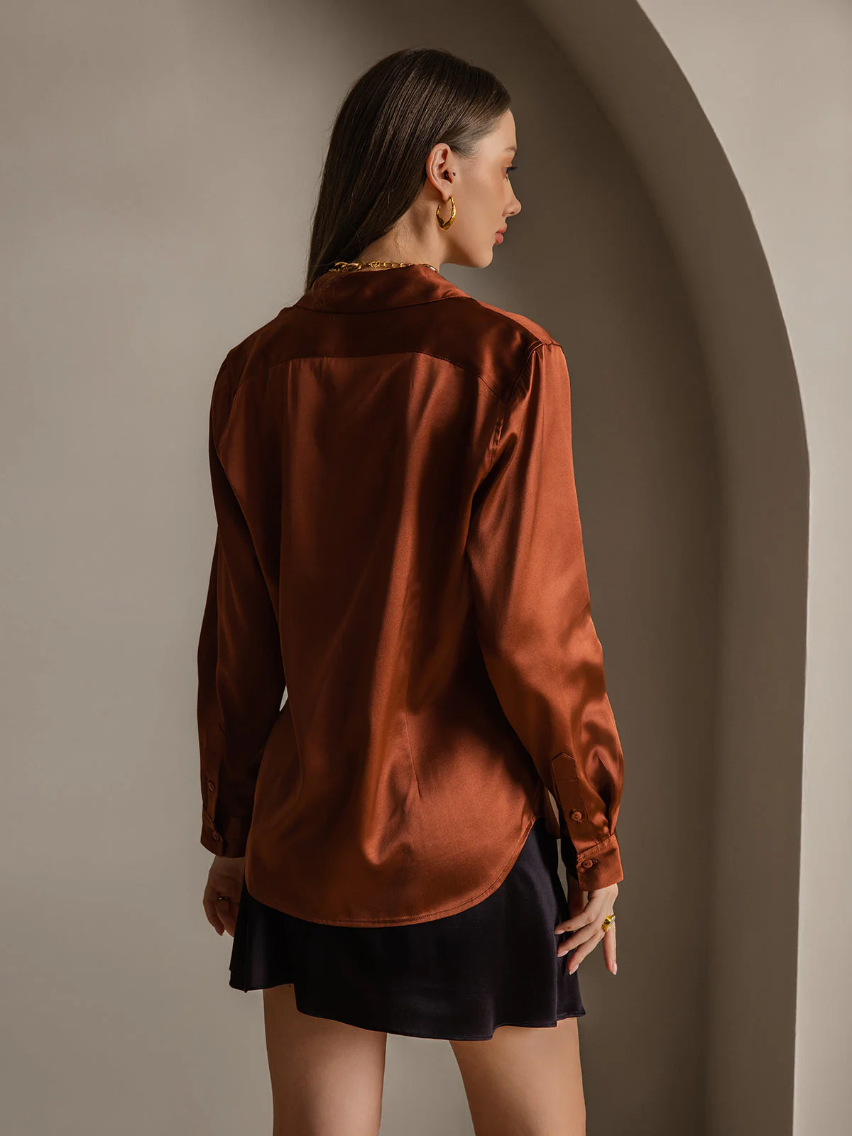 19Momme Silk Long Sleeve Lapel Collar Women's Shirt with Button Up Design - Image 16