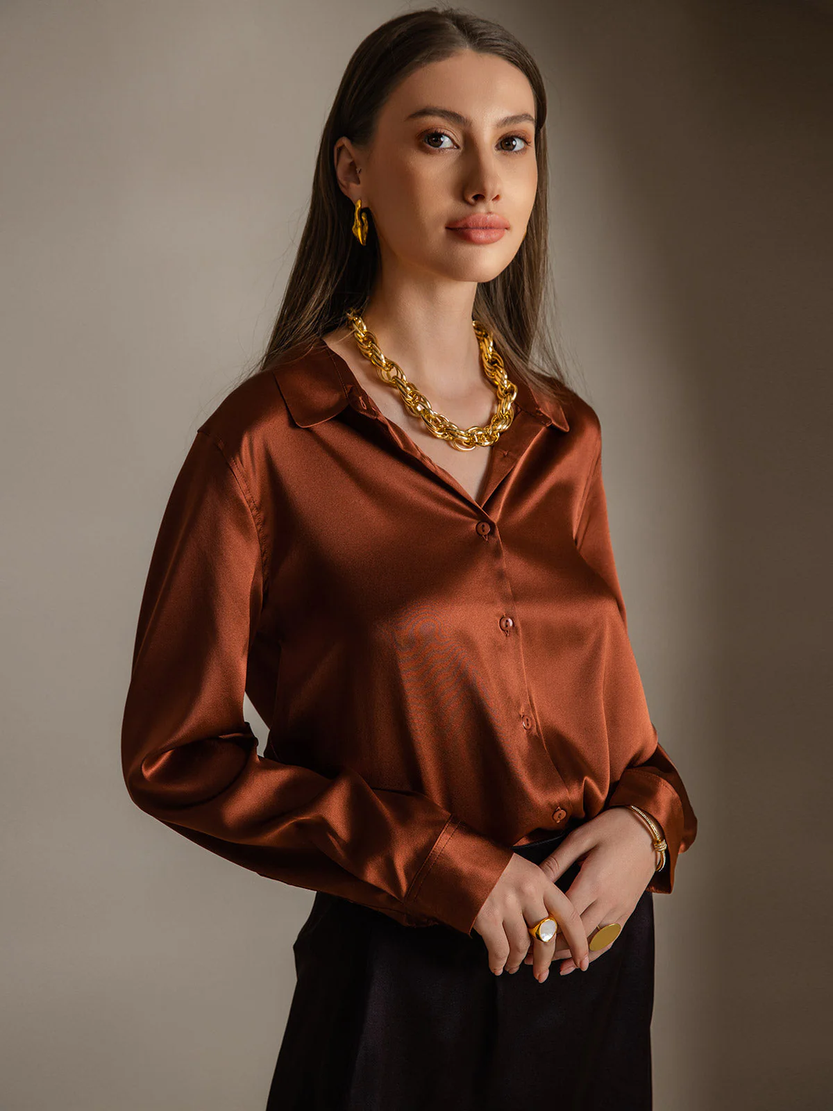 19Momme Silk Long Sleeve Lapel Collar Women's Shirt with Button Up Design - Image 17