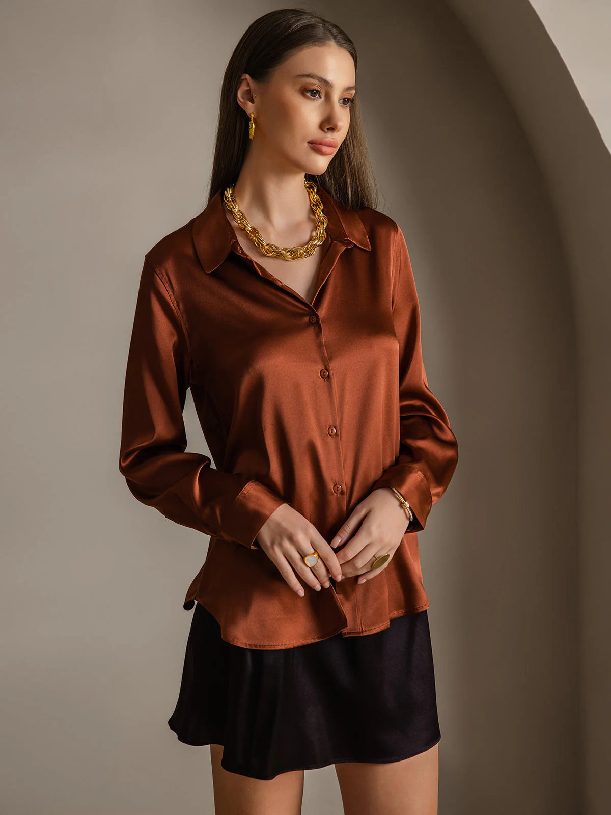 19Momme Silk Long Sleeve Lapel Collar Women's Shirt with Button Up Design - Image 18