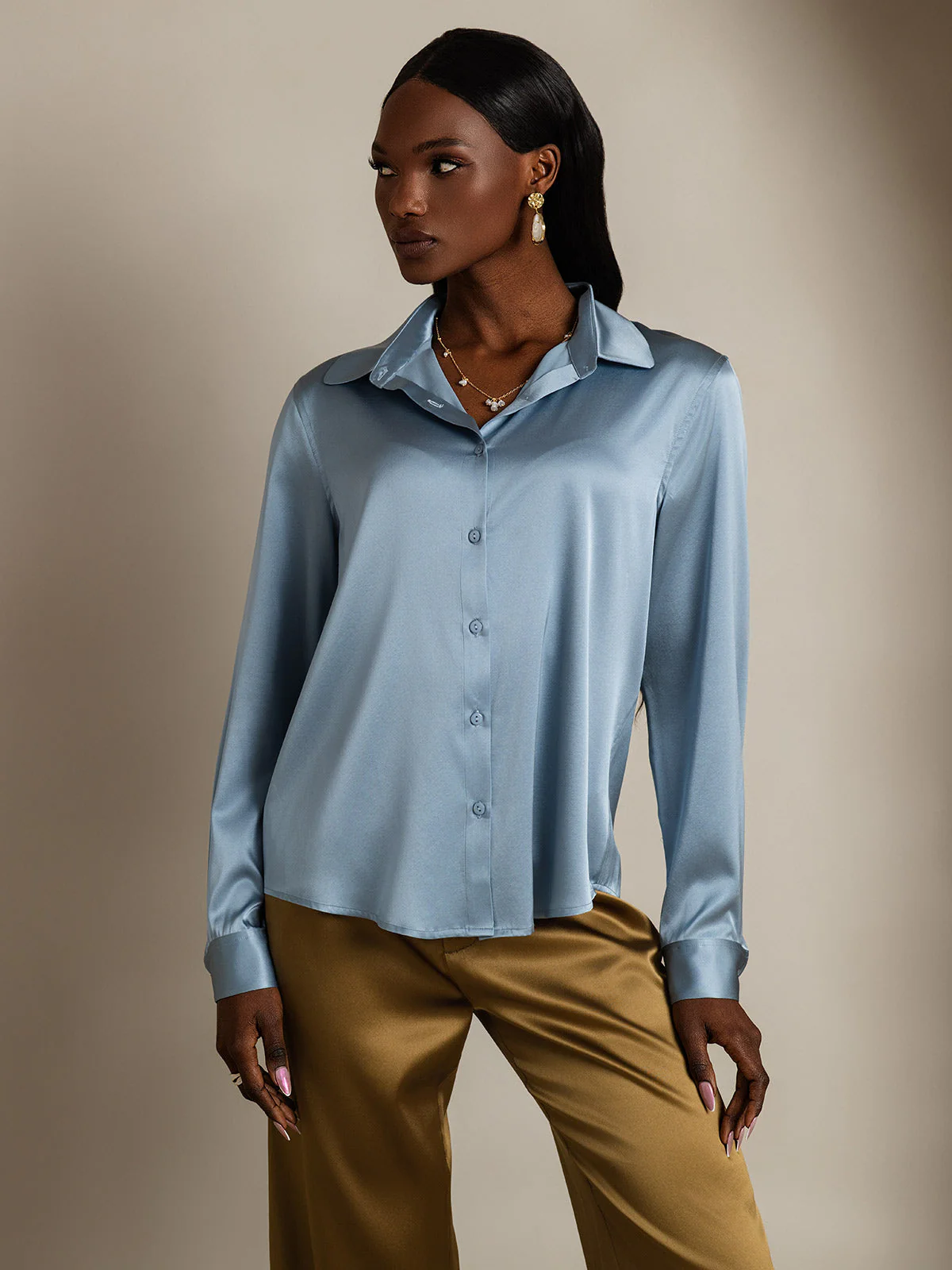 19Momme Silk Long Sleeve Lapel Collar Women's Shirt with Button Up Design - Image 21