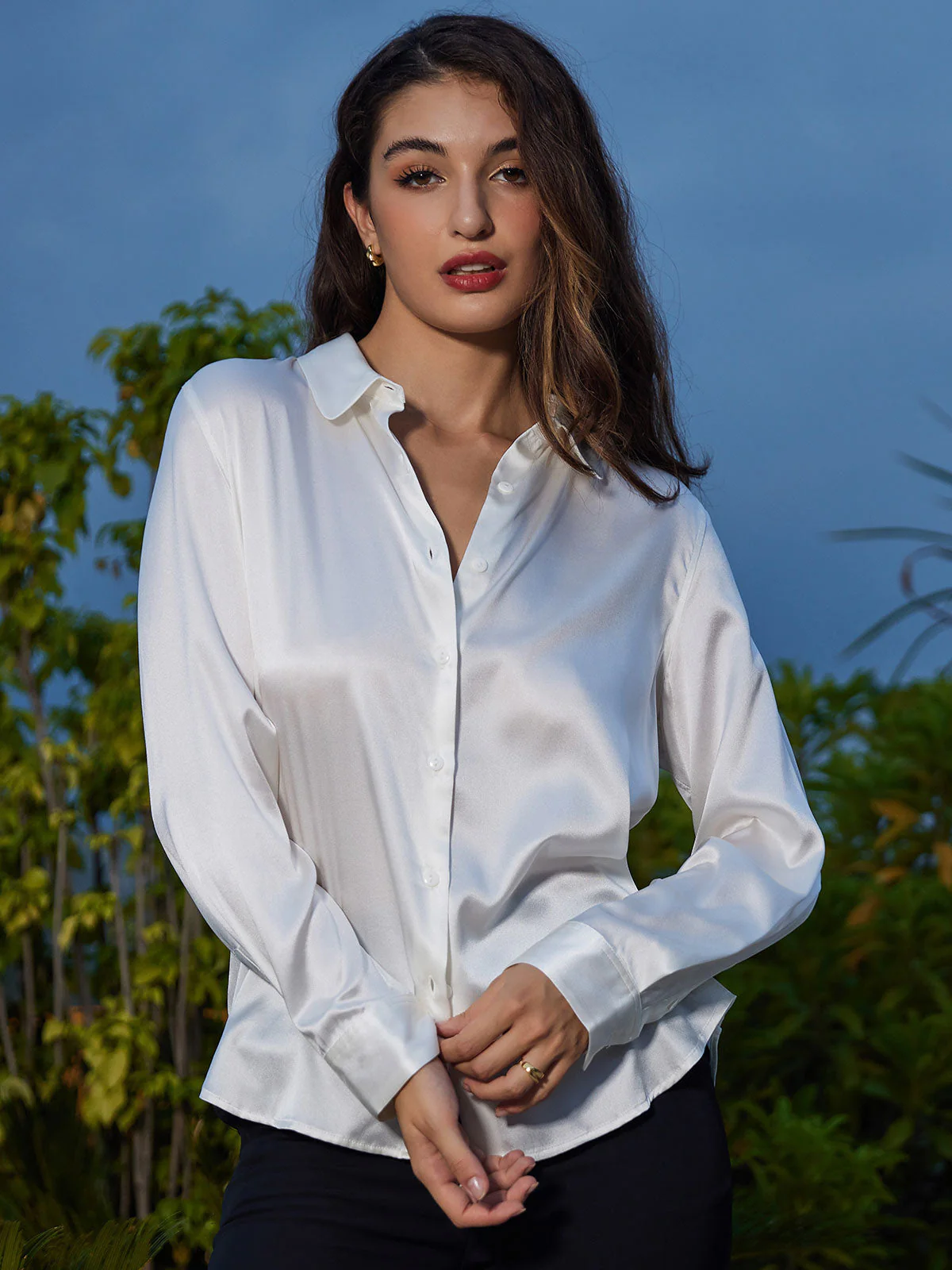 19Momme Silk Long Sleeve Lapel Collar Women's Shirt with Button Up Design - Image 54