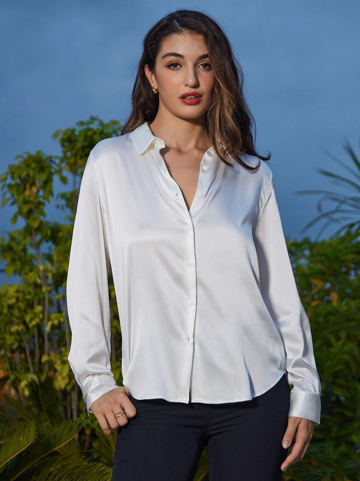 19Momme Silk Long Sleeve Lapel Collar Women's Shirt with Button Up Design - Image 55