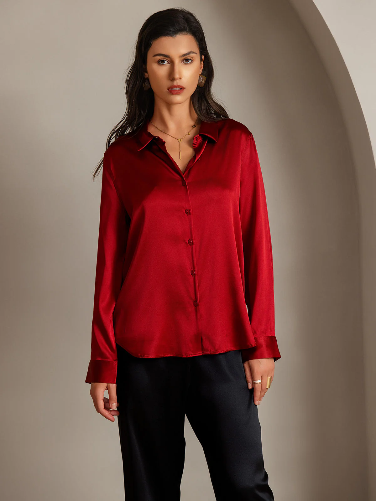 19Momme Silk Long Sleeve Lapel Collar Women's Shirt with Button Up Design - Image 70