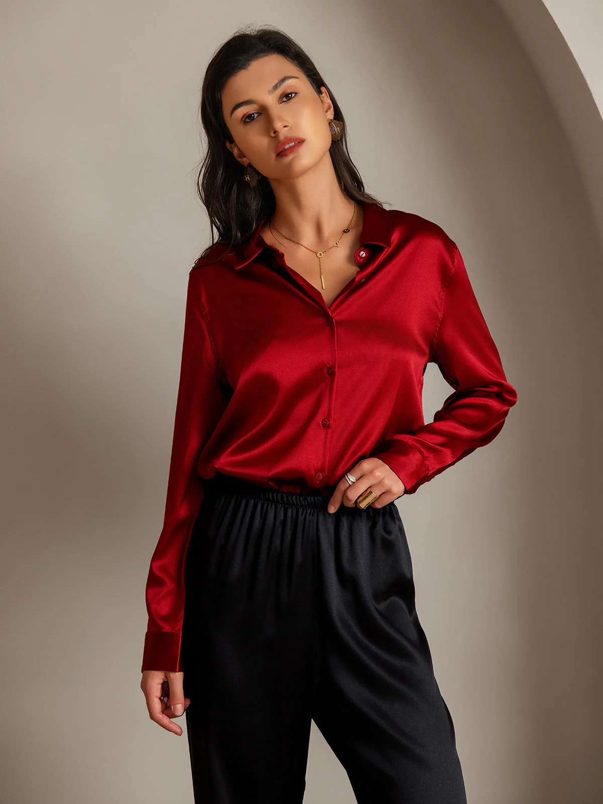 19Momme Silk Long Sleeve Lapel Collar Women's Shirt with Button Up Design - Image 71
