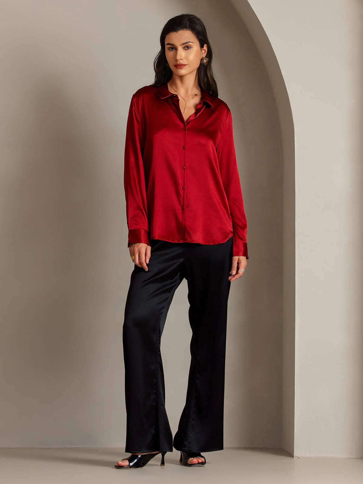 19Momme Silk Long Sleeve Lapel Collar Women's Shirt with Button Up Design - Image 72
