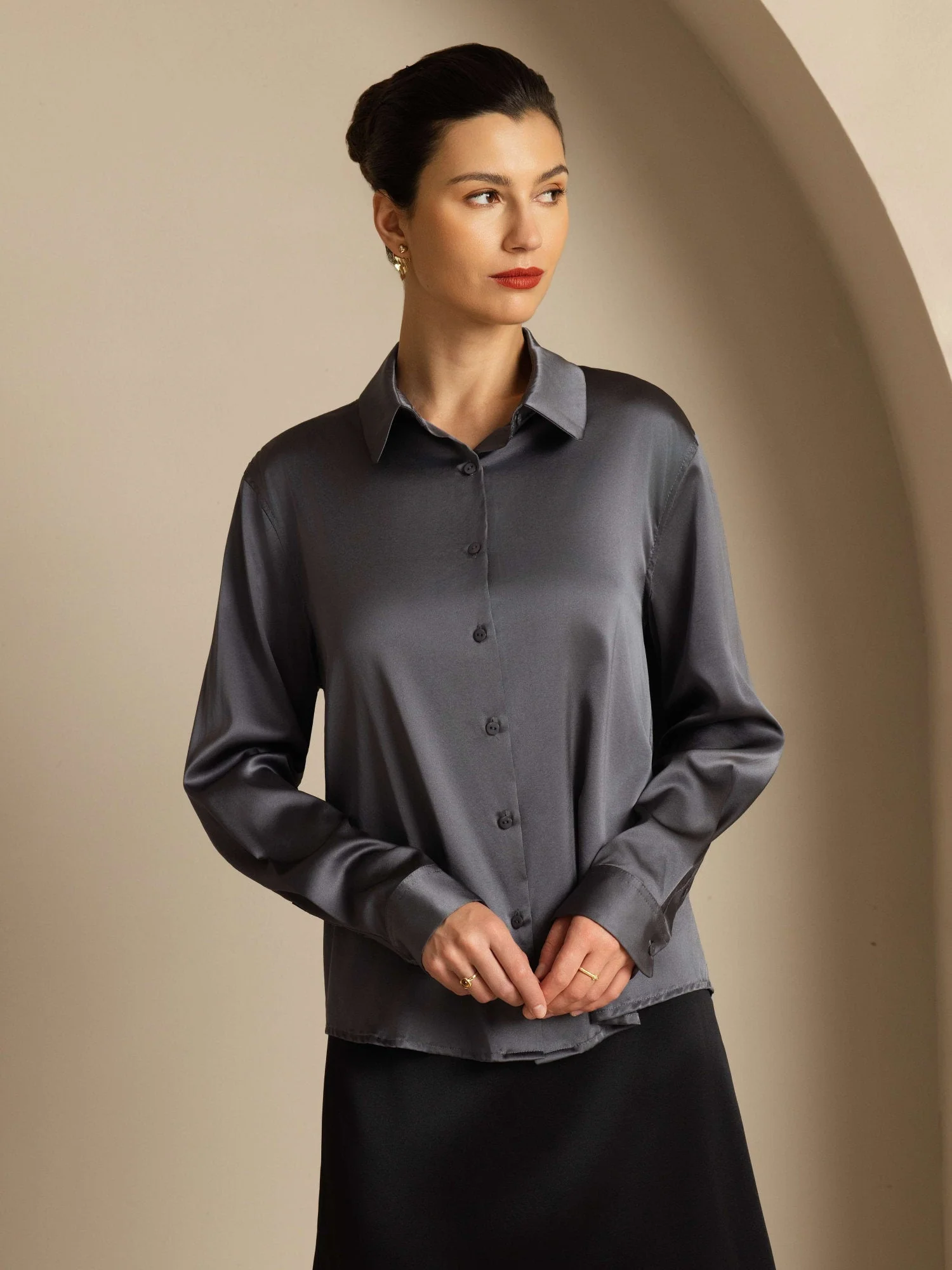 19Momme Silk Long Sleeve Lapel Collar Women's Shirt with Button Up Design - Image 95